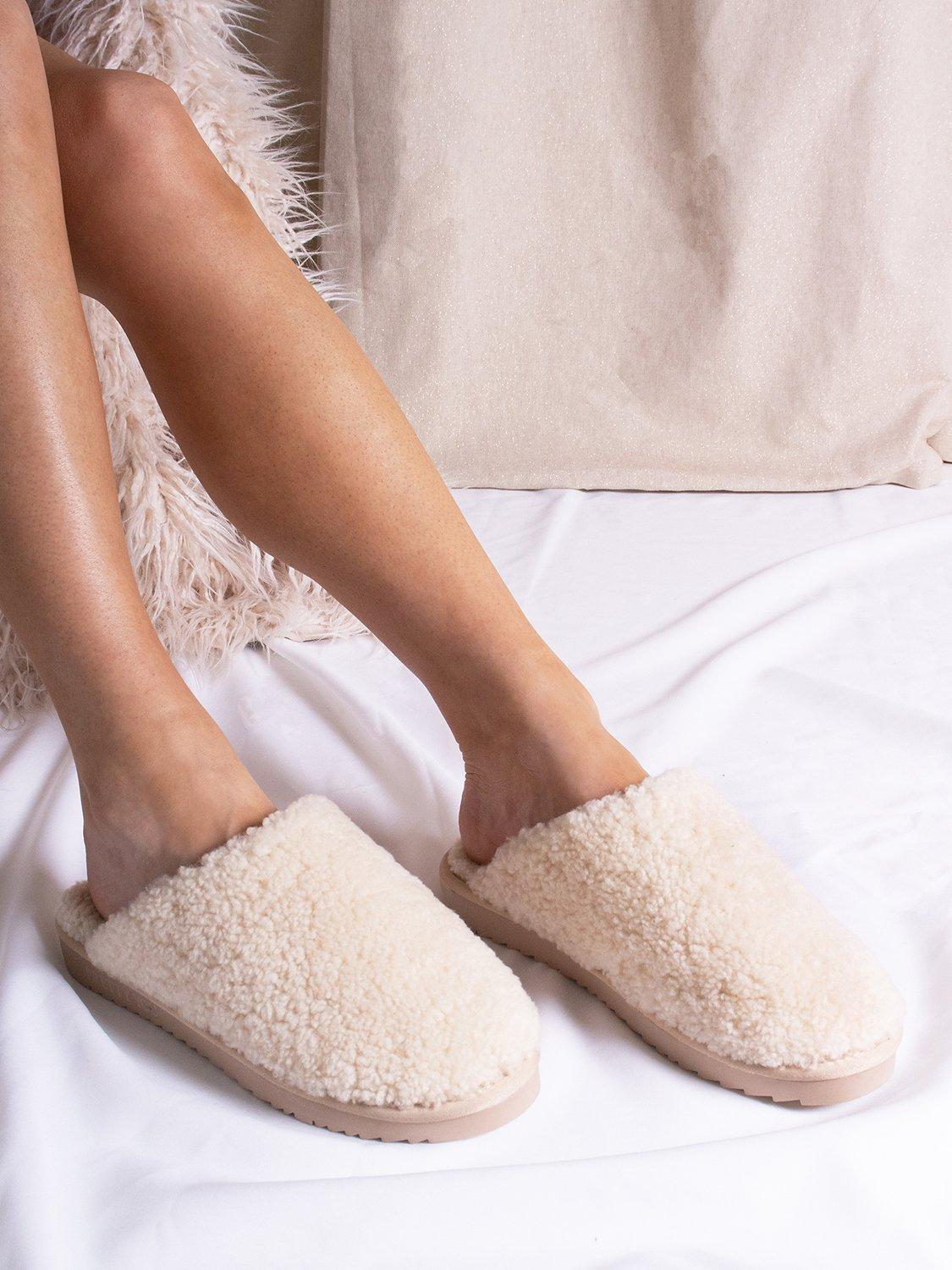 Pretty You London Jude Sheepskin Mule Slippers, Neutral, S