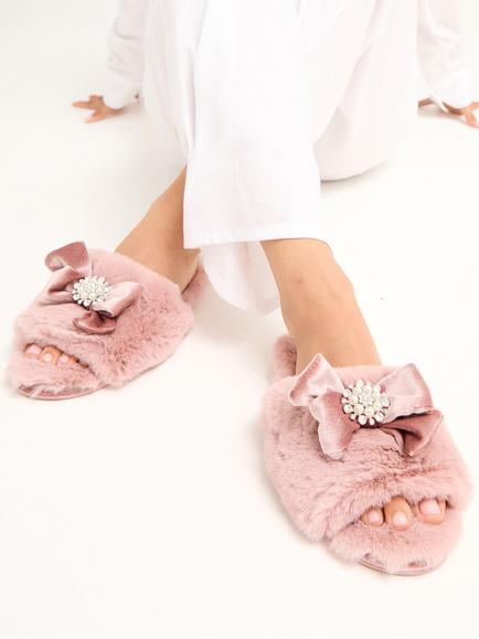 Pretty You London Anya Faux Fur Slippers - view 2, Pink