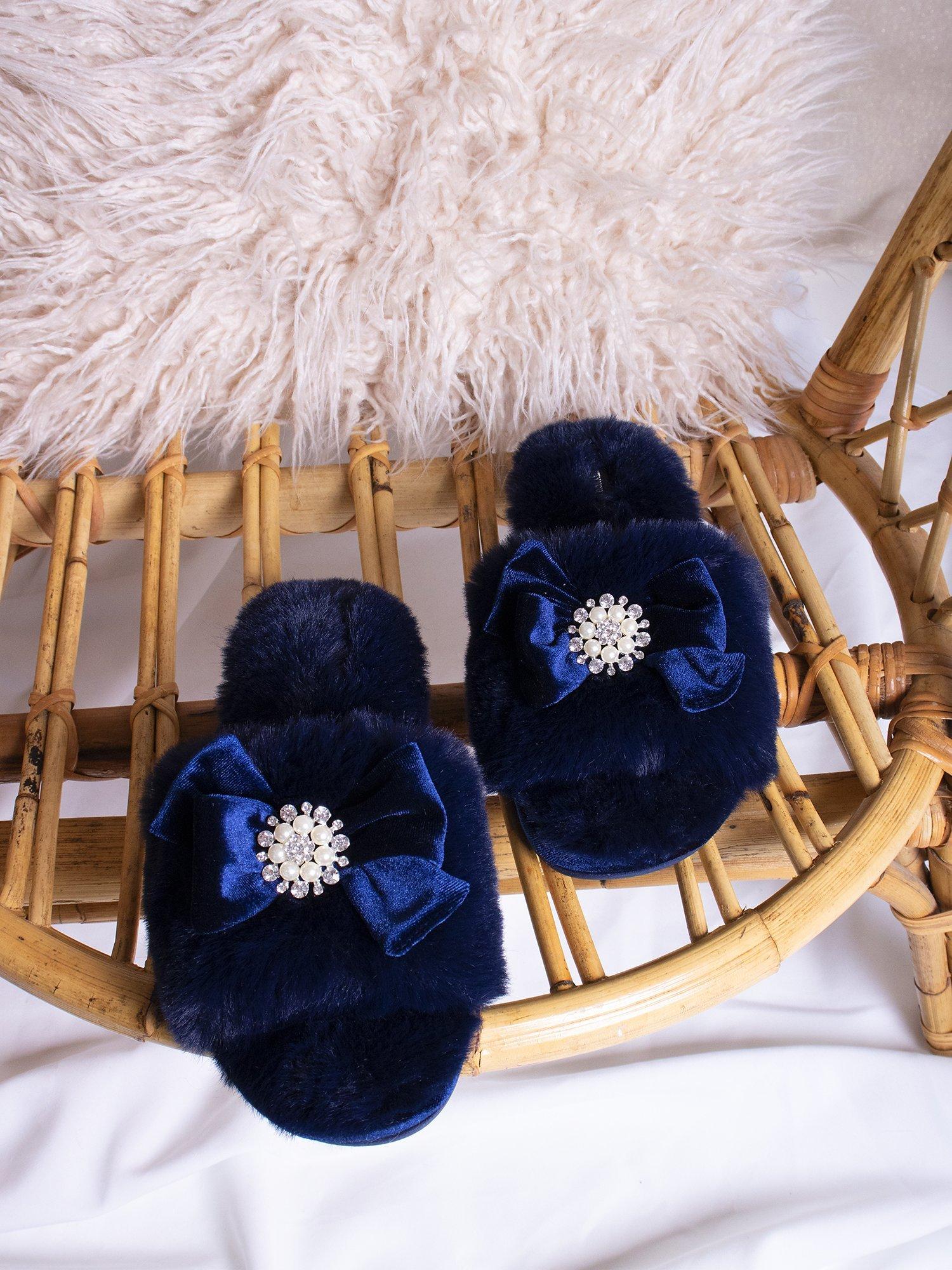 Product image 2 of 6, which shows Pretty You London Anya Velvet Bow Slippers, Navy, S