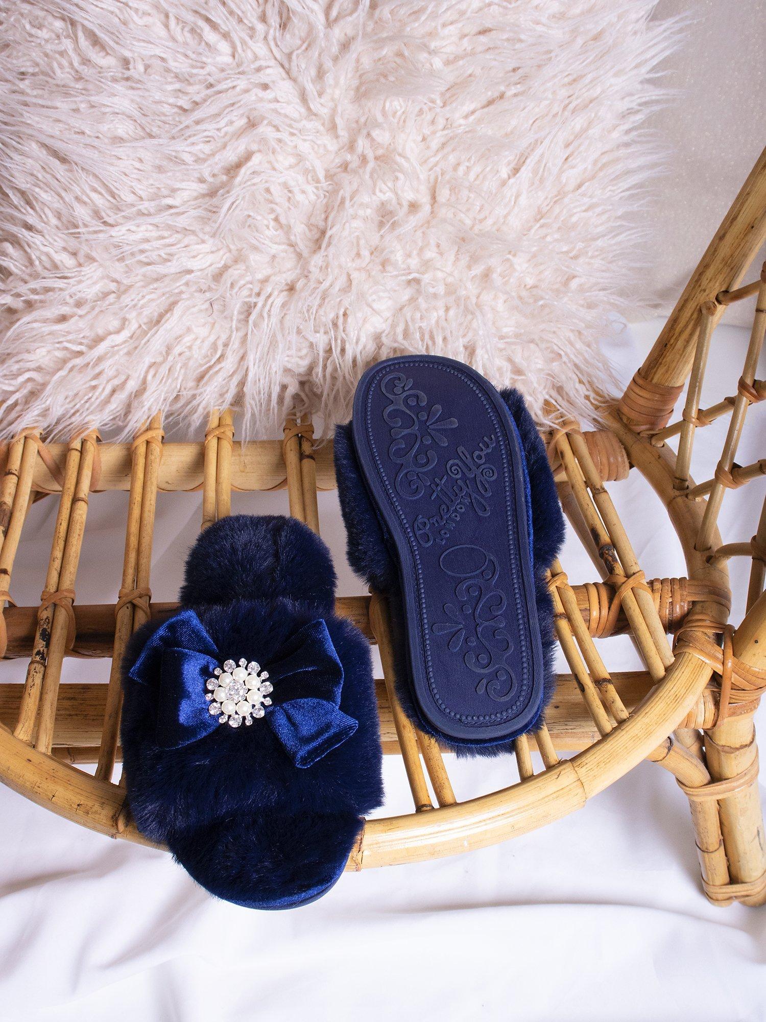 Product image 3 of 6, which shows Pretty You London Anya Velvet Bow Slippers, Navy, S