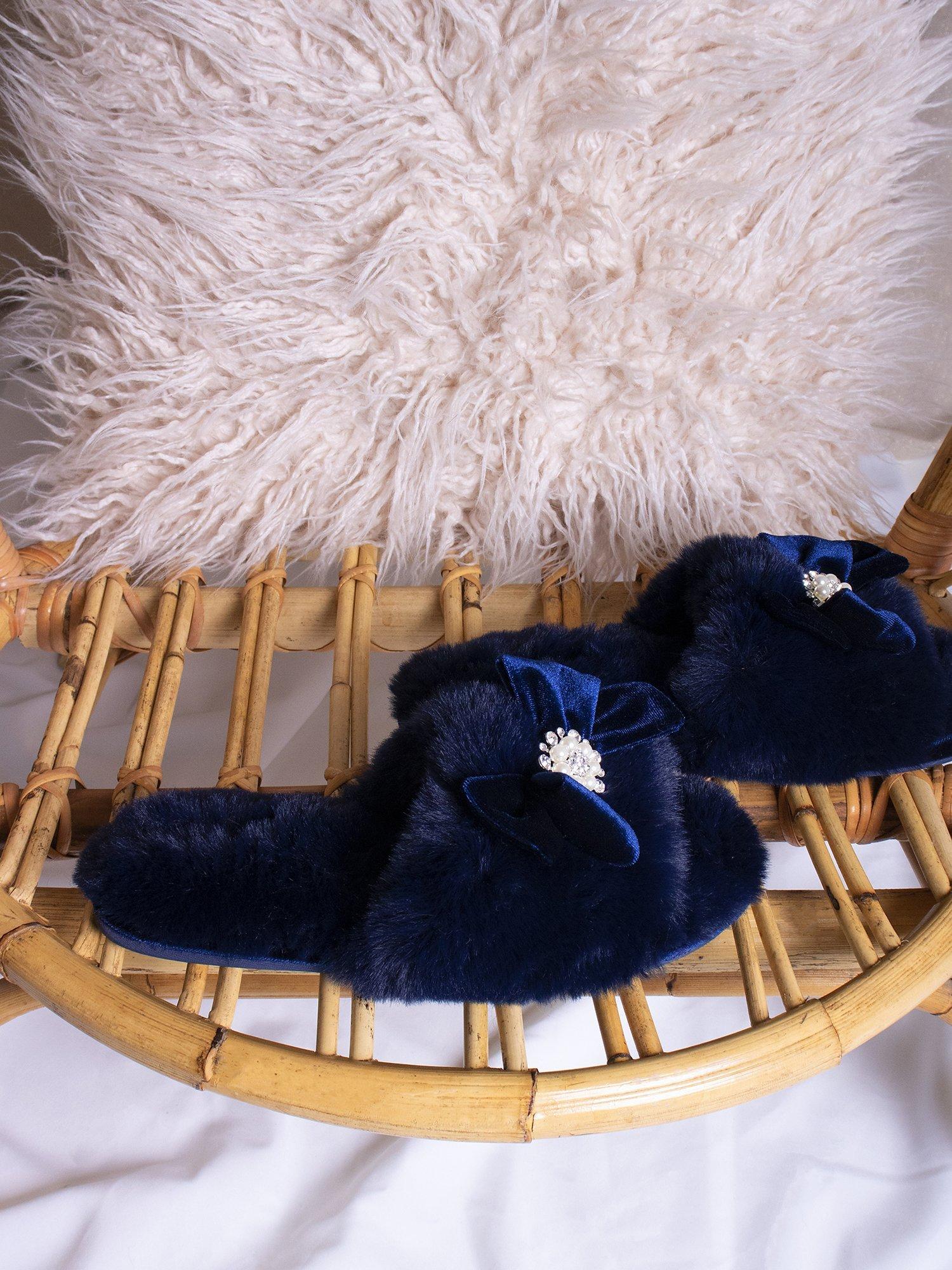 Product image 4 of 6, which shows Pretty You London Anya Velvet Bow Slippers, Navy, S