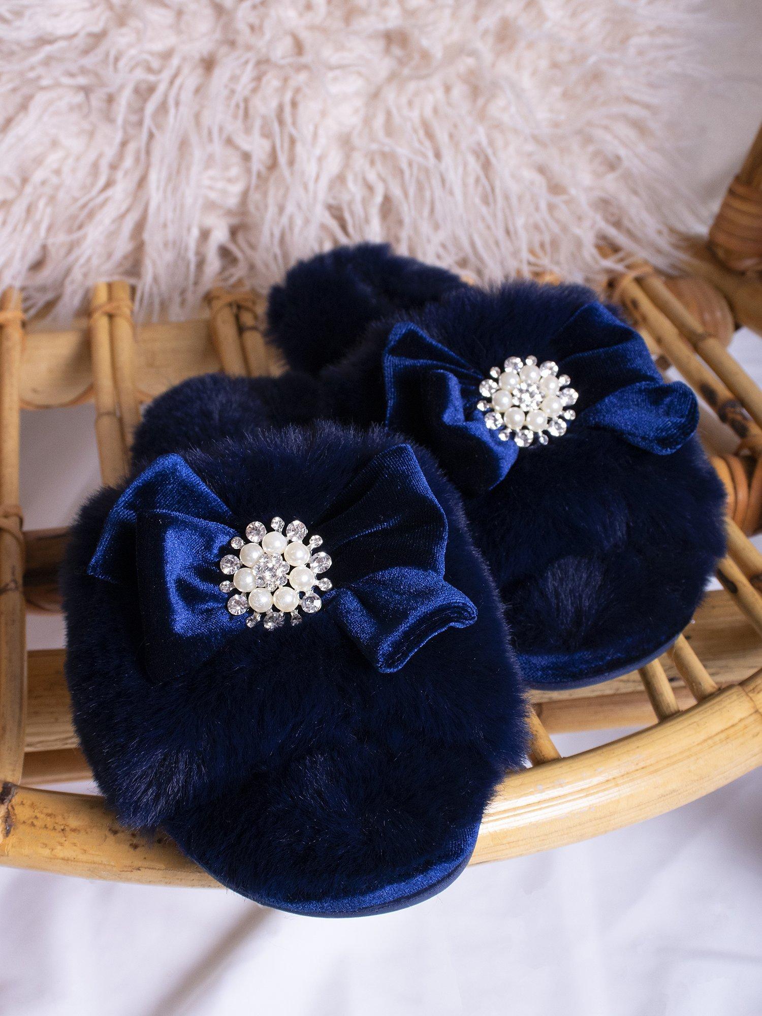 Product image 5 of 6, which shows Pretty You London Anya Velvet Bow Slippers, Navy, S