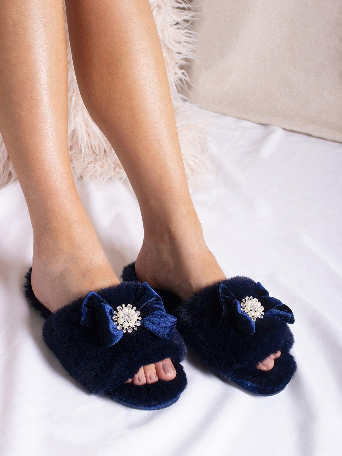 Product image 6 of 6, which shows Pretty You London Anya Velvet Bow Slippers, Navy, S