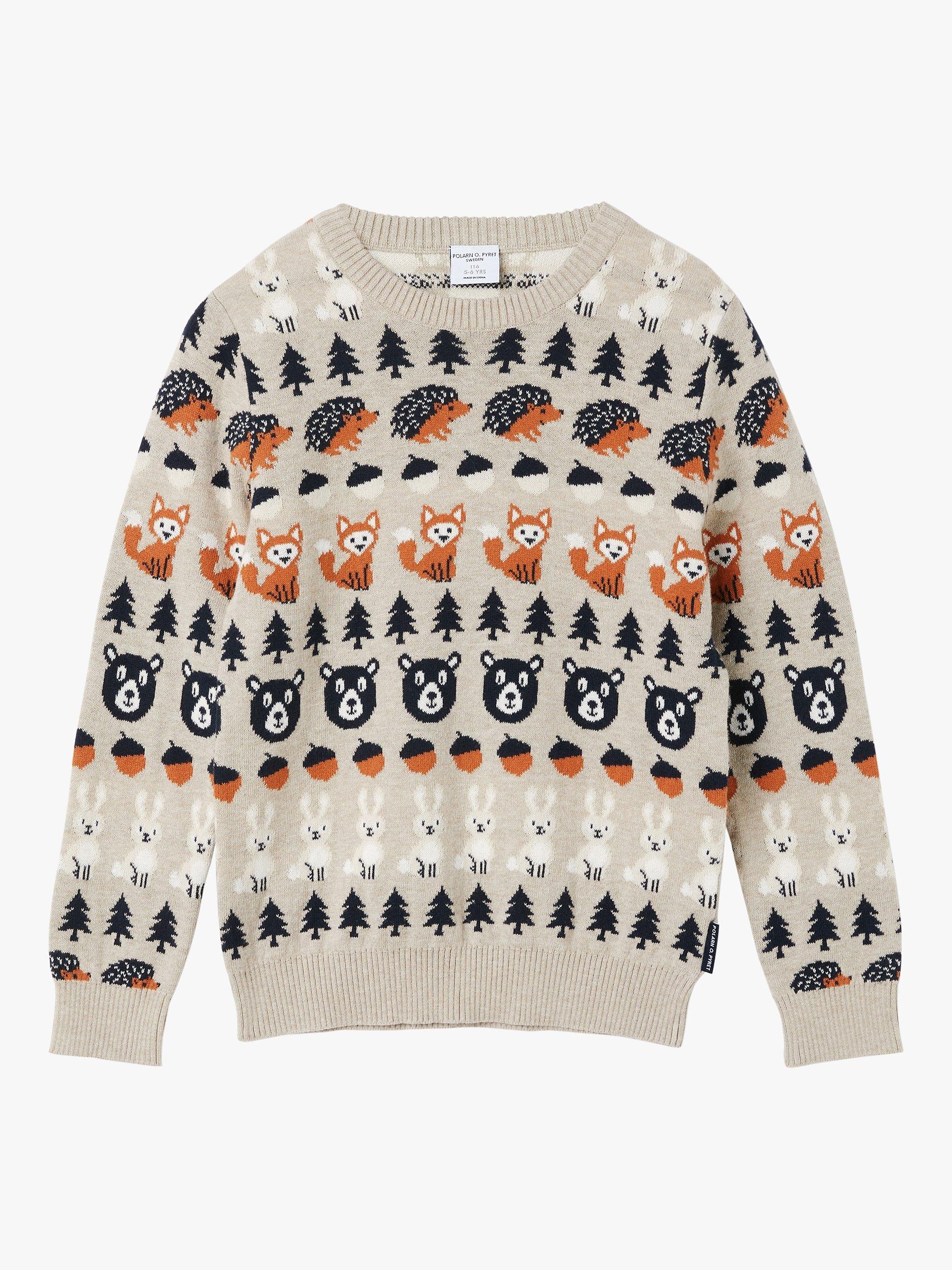 Polarn O. Pyret Kids' GOTS Organic Cotton Nordic Animal Jumper, Natural