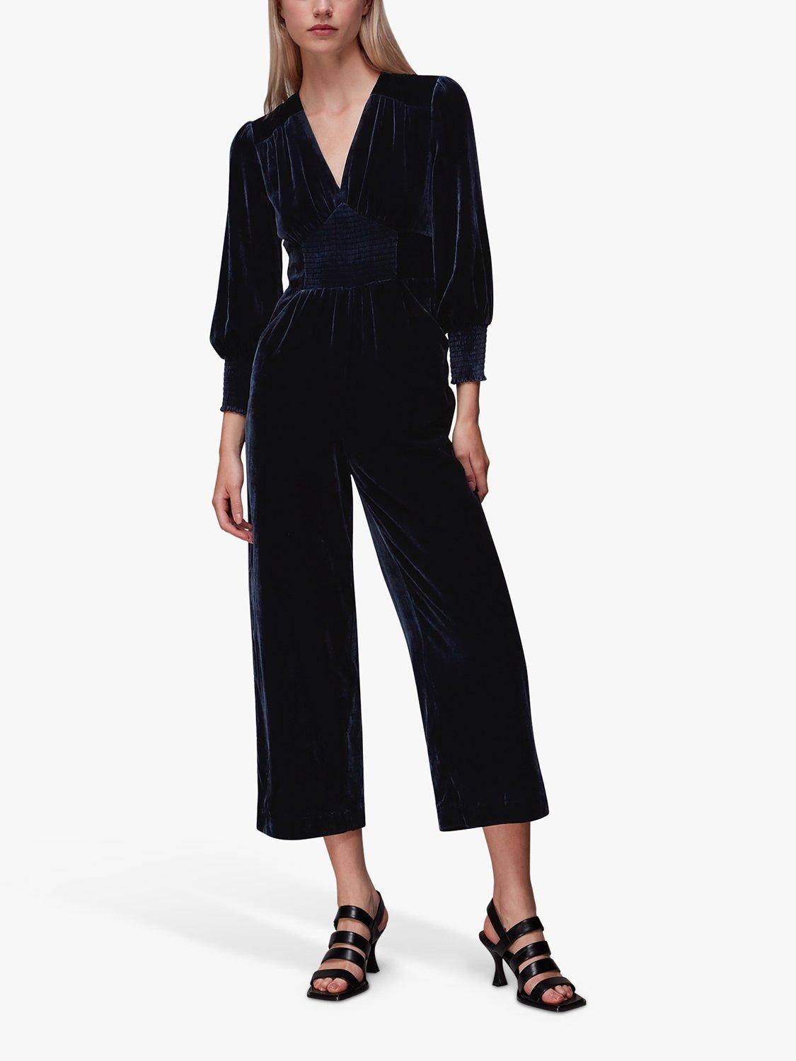 Whistles Maisey Shirred Velvet Jumpsuit, Navy