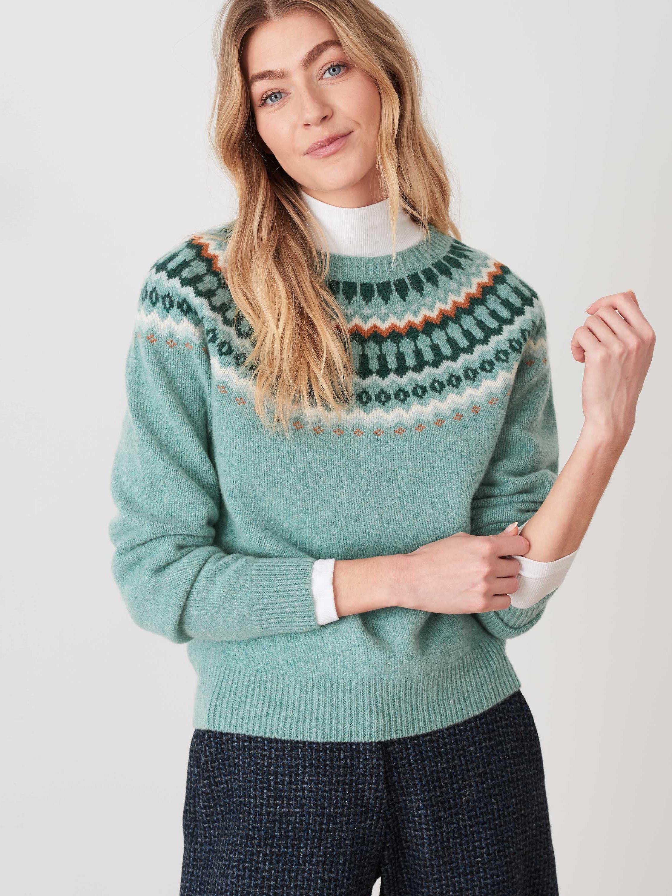 Brora Supersoft Lambwool Fairisle Yoke Jumper, Duck Egg, 12-14