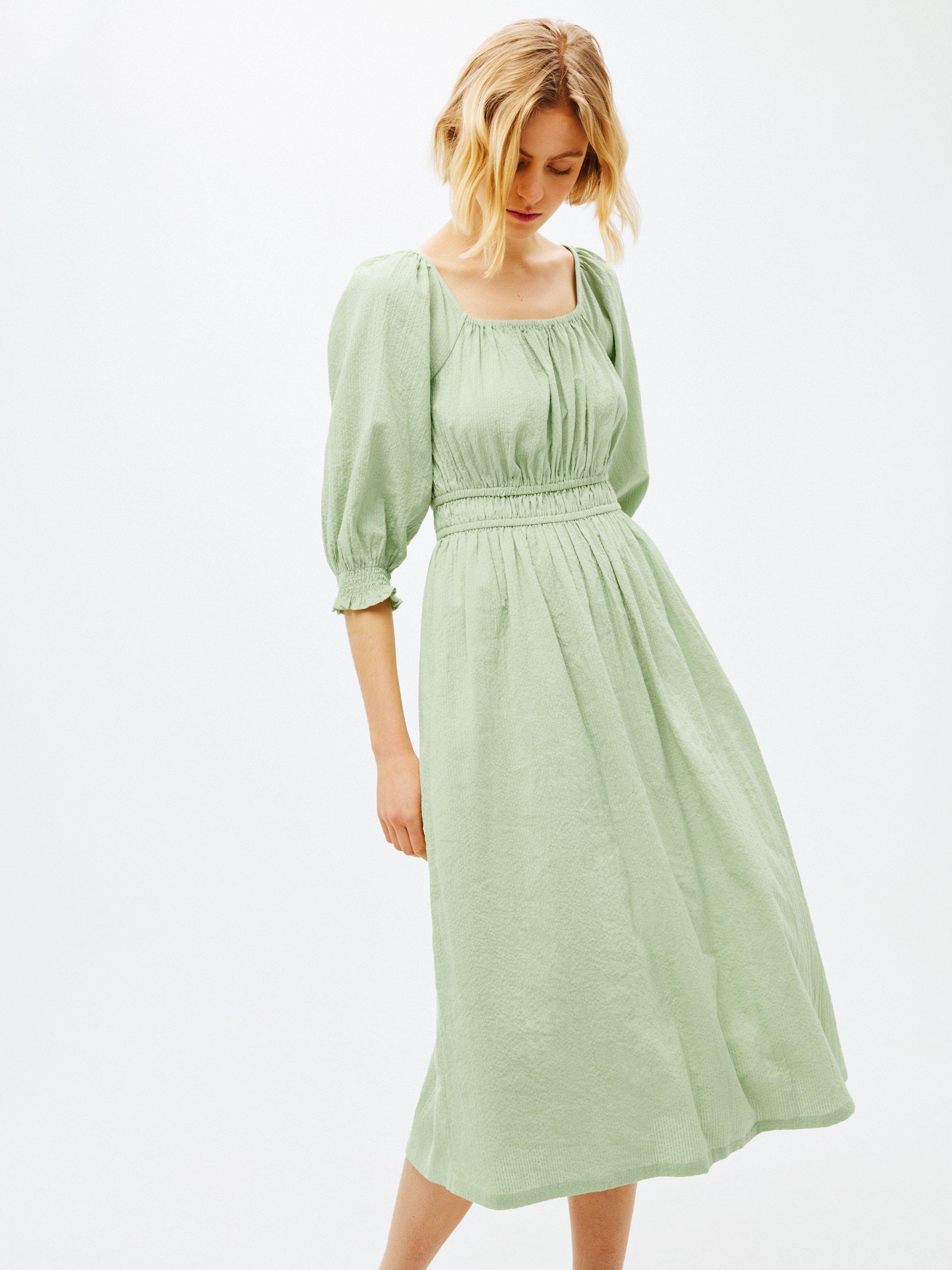 John Lewis ANYDAY Plain Seersucker Smock Midi Dress, Green
