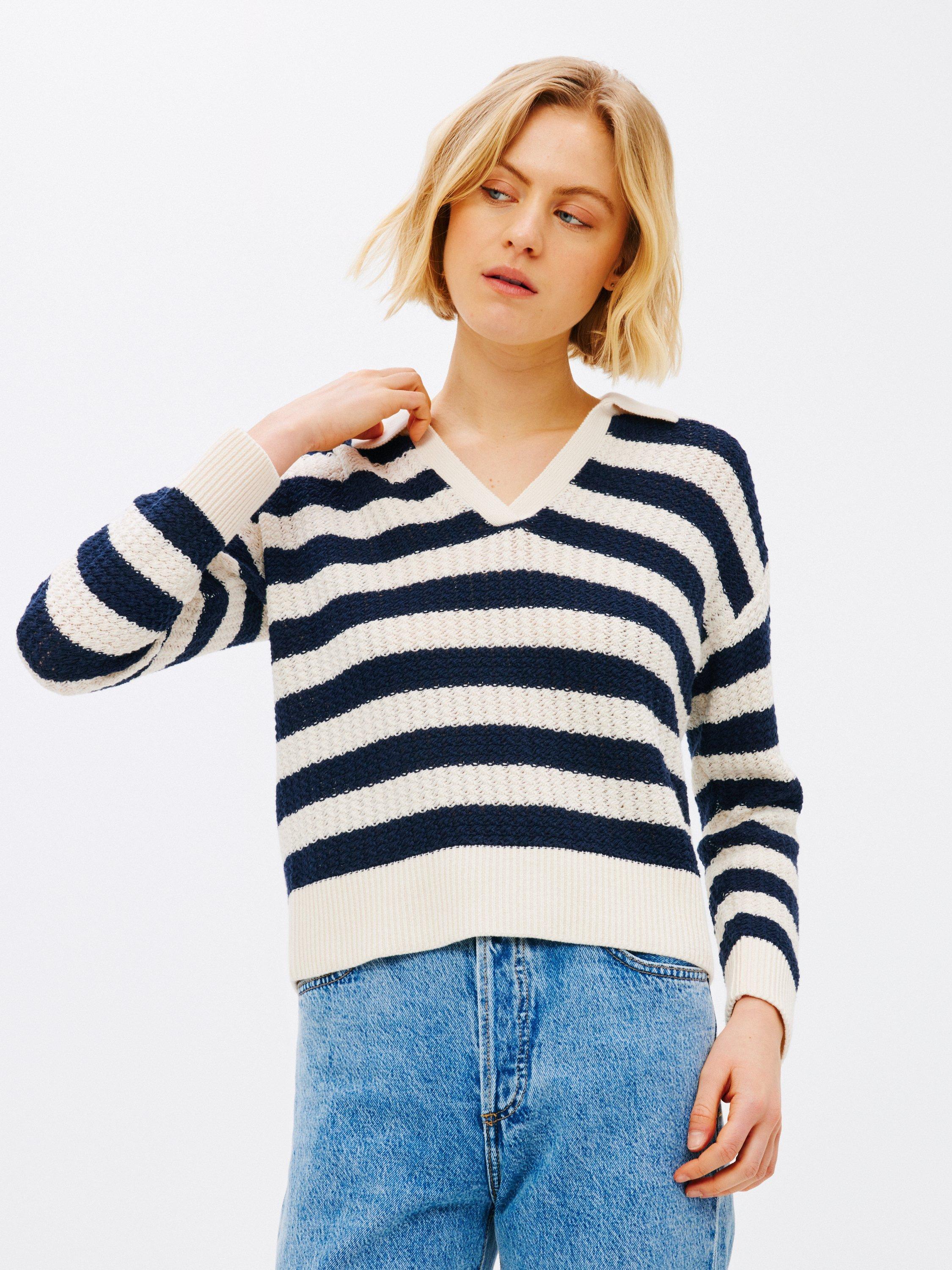 John Lewis ANYDAY Stripe Knit Polo Neck Jumper, Navy/White