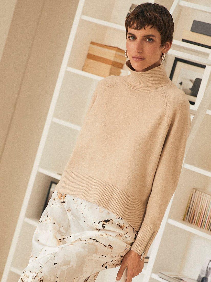 Mint Velvet High Neck Zipped Cuff Jumper, Natural