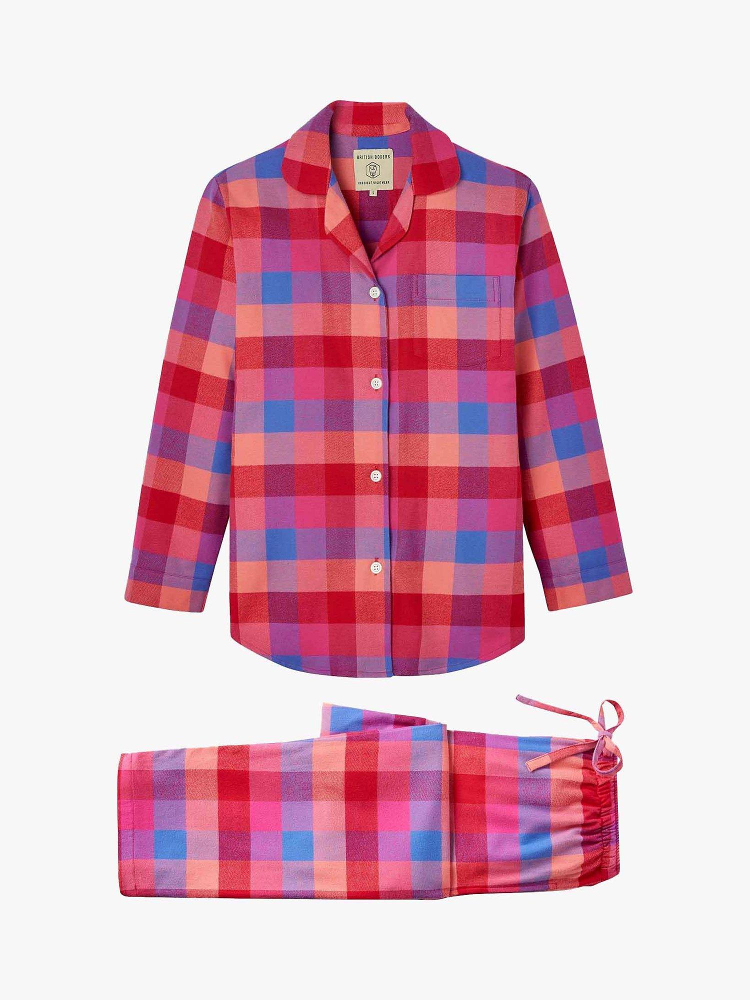 Product image 2 of 4, which shows British Boxers Check Brushed Cotton Pyjama Set, Coral/Multi, XS