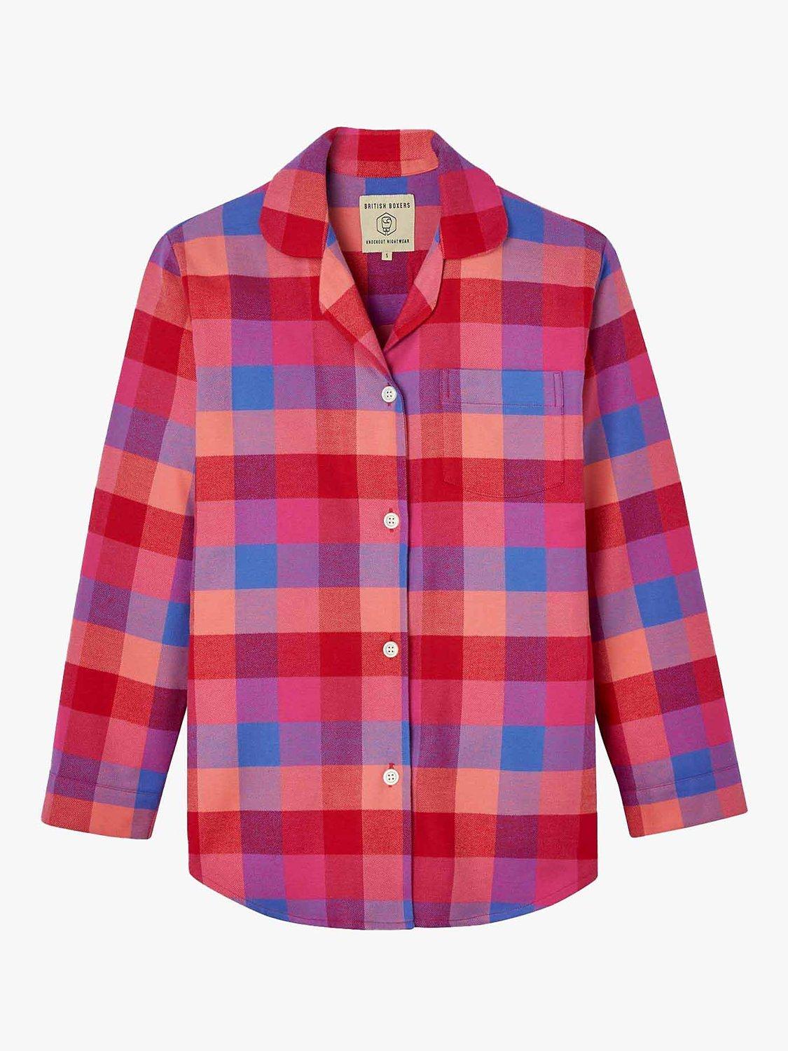 Product image 3 of 4, which shows British Boxers Check Brushed Cotton Pyjama Set, Coral/Multi, XS