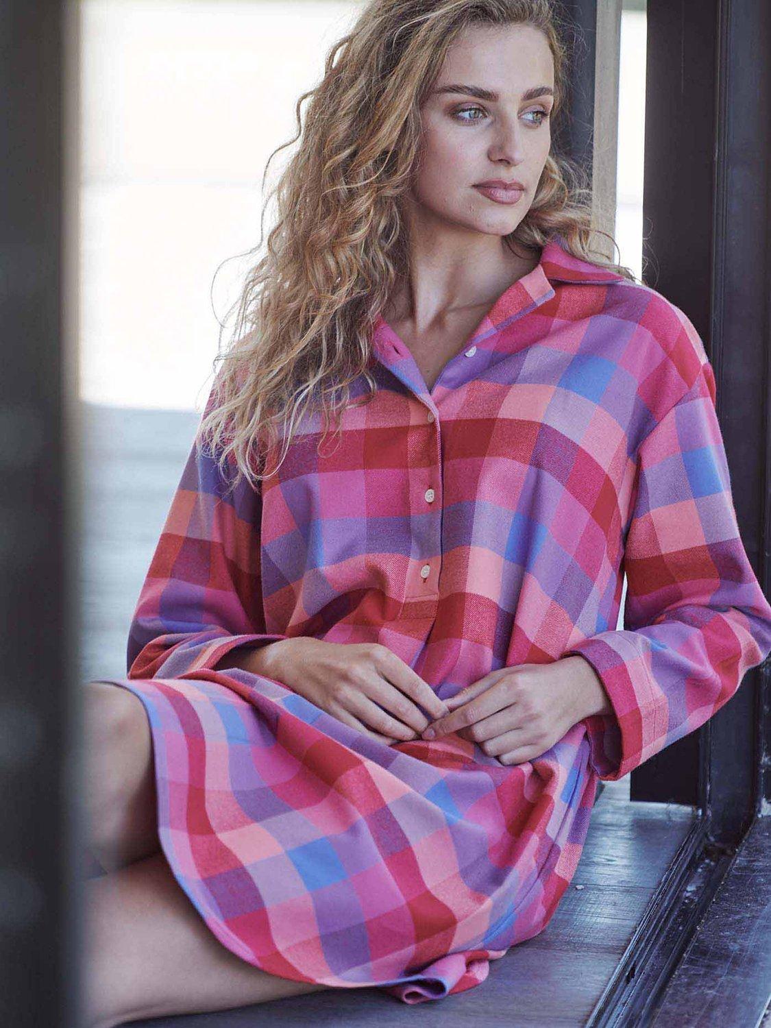 Product image 1 of 3, which shows British Boxers Check Brushed Cotton Nightshirt, Coral/Multi, XS