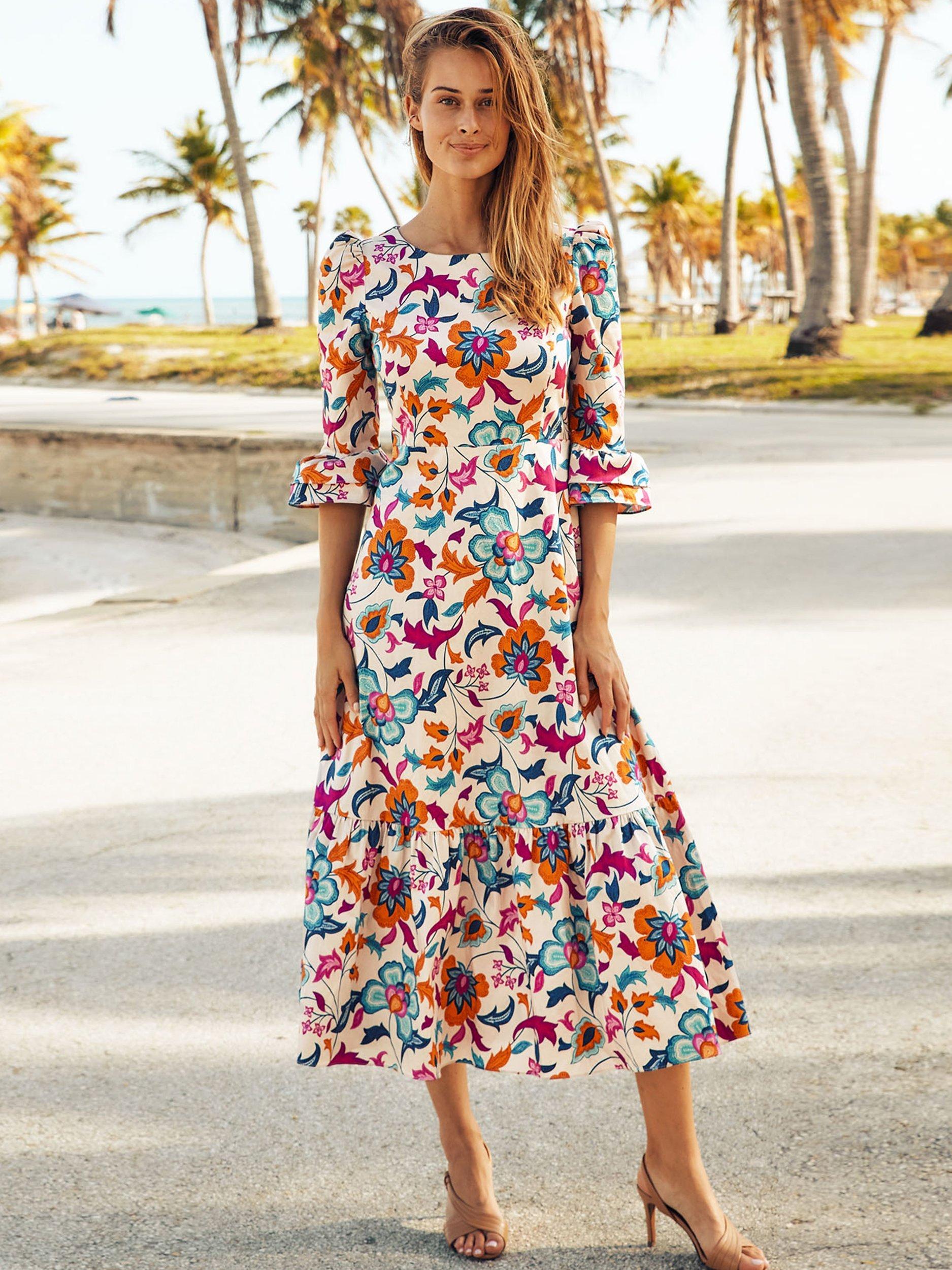 Product image 1 of 6, which shows Aspiga Victoria Floral Print Midi Dress, White/Multi, XXS