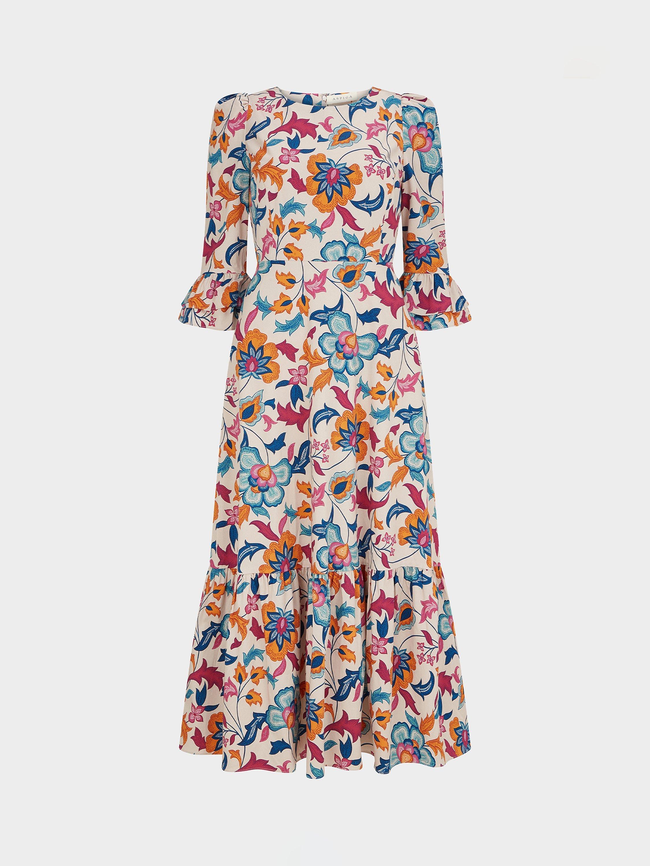 Product image 6 of 6, which shows Aspiga Victoria Floral Print Midi Dress, White/Multi, XXS