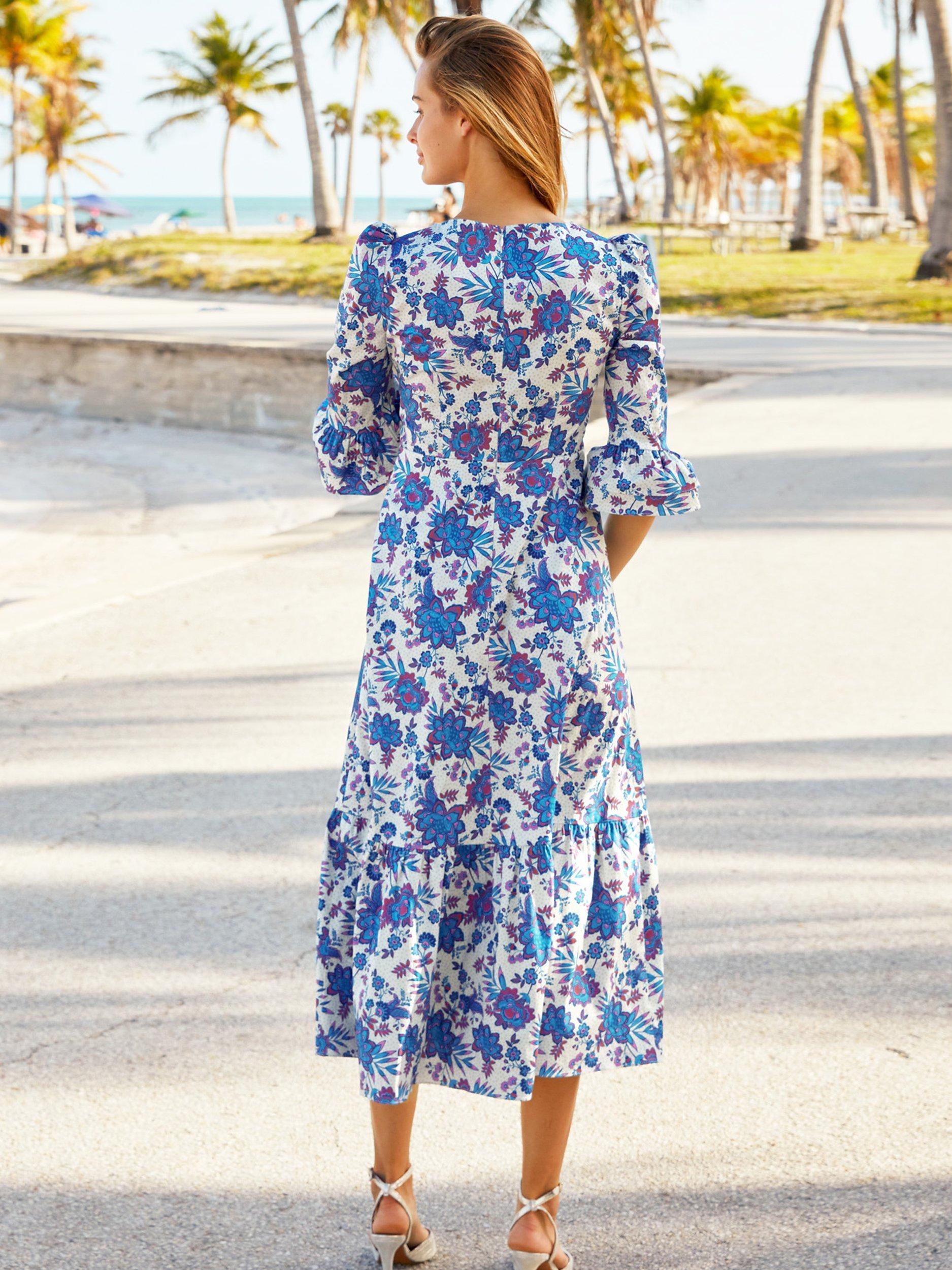 Product image 2 of 6, which shows Aspiga Victoria Floral Print Midi Dress, Blue/White, XXS
