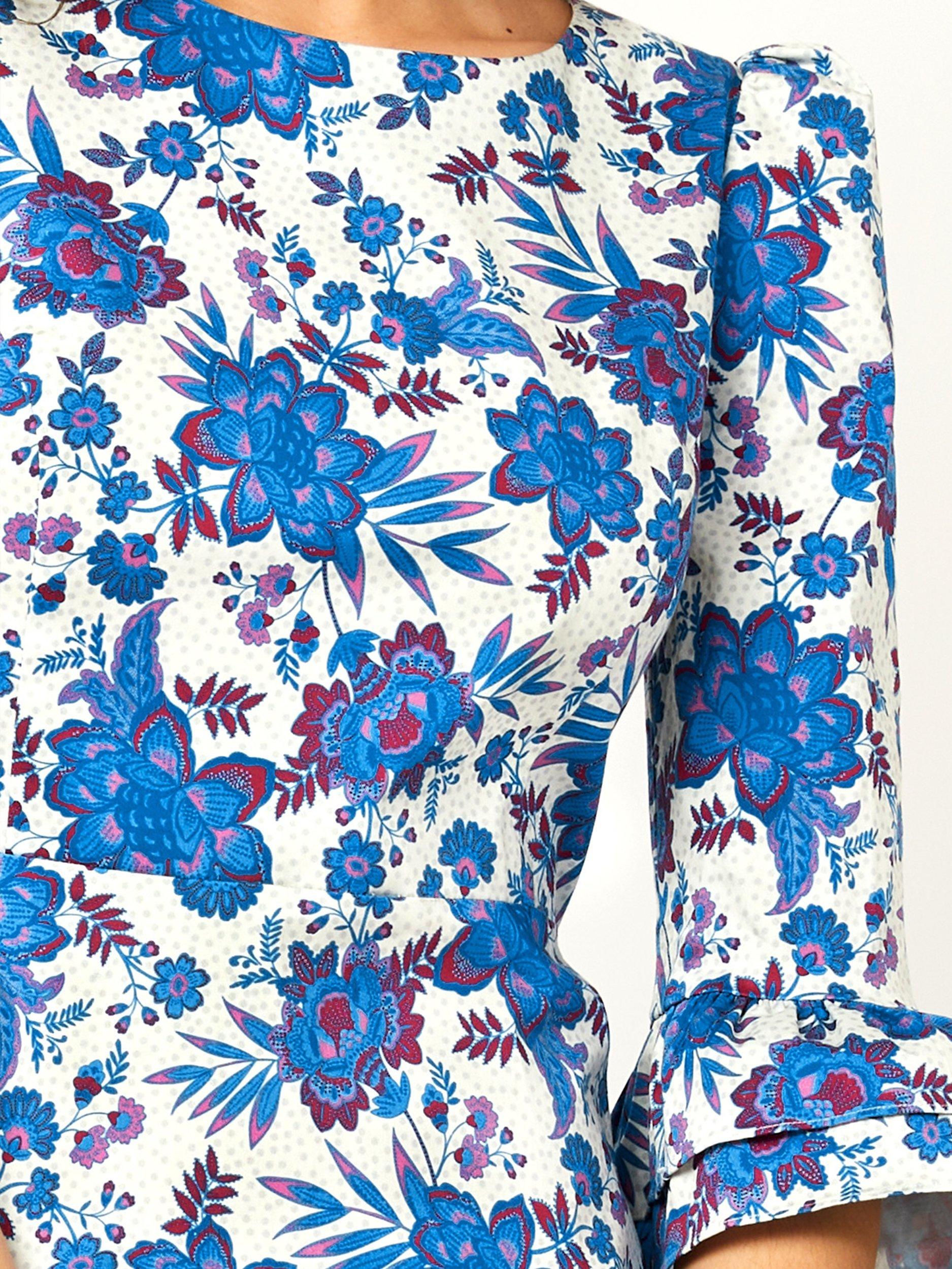 Product image 3 of 6, which shows Aspiga Victoria Floral Print Midi Dress, Blue/White, XXS