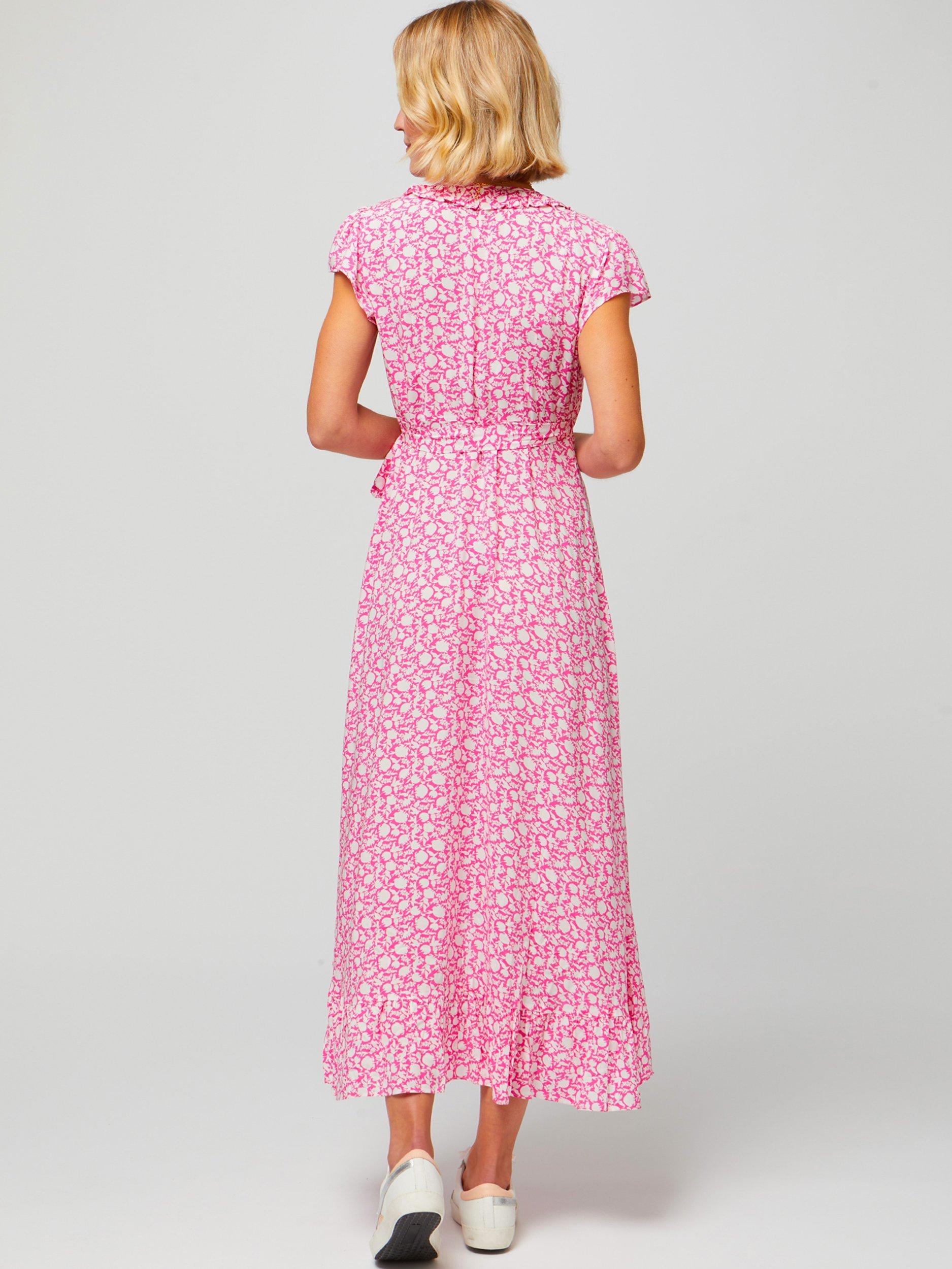Product image 3 of 8, which shows Aspiga Demi Floral Print Wrap Midi Dress, Bright Pink, XS
