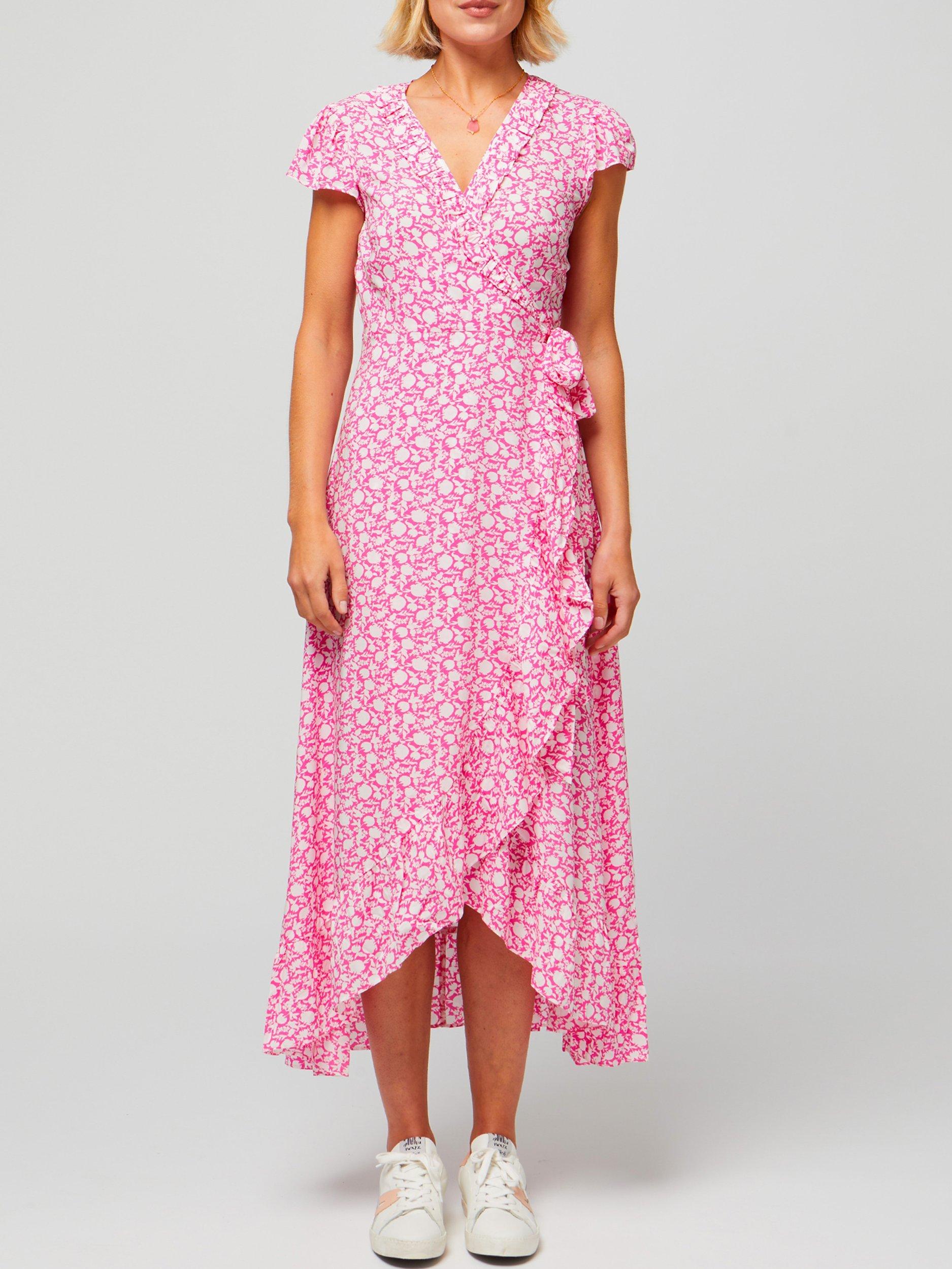 Product image 6 of 8, which shows Aspiga Demi Floral Print Wrap Midi Dress, Bright Pink, XS