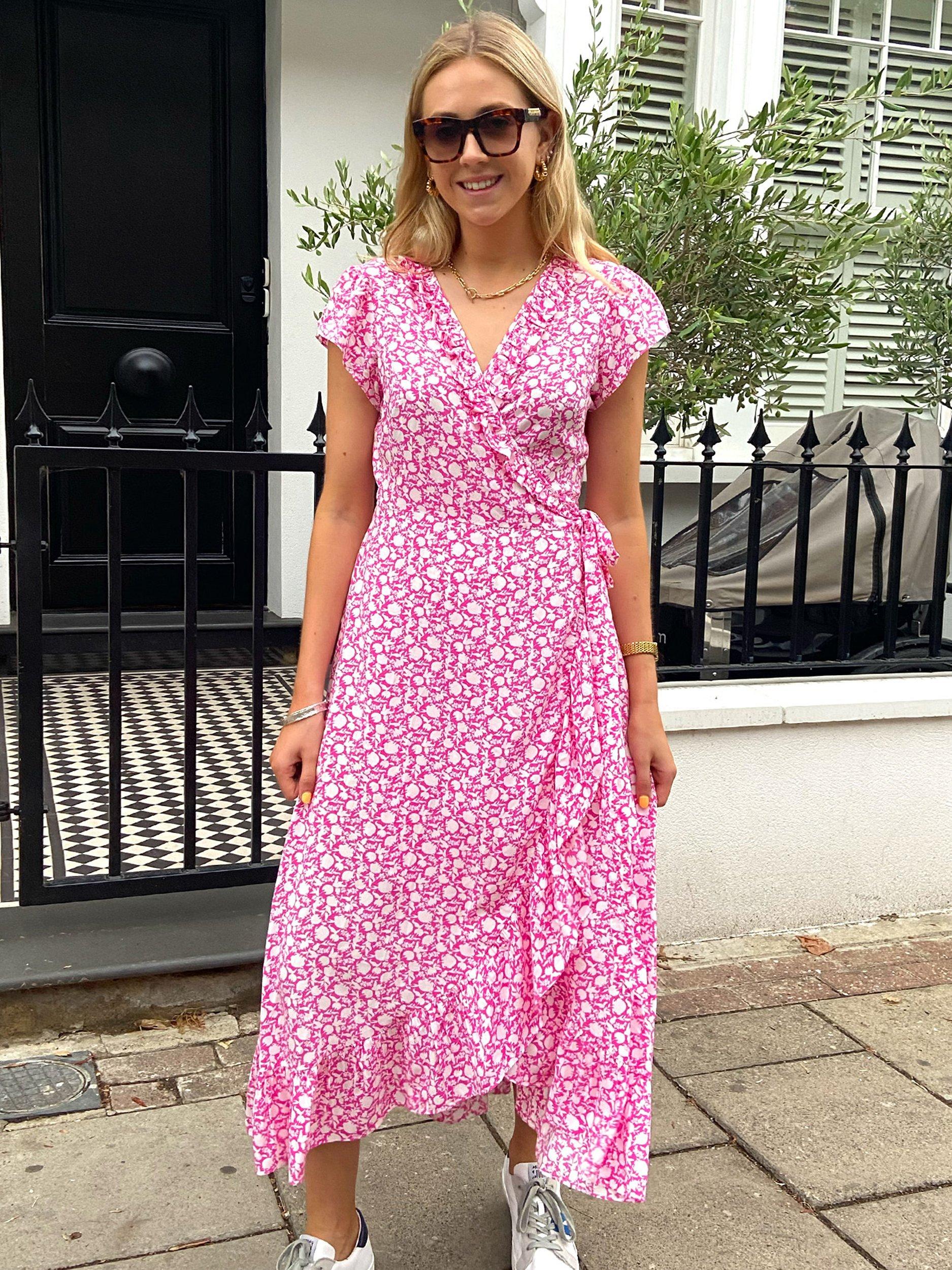 Product image 2 of 8, which shows Aspiga Demi Floral Print Wrap Midi Dress, Bright Pink, XS