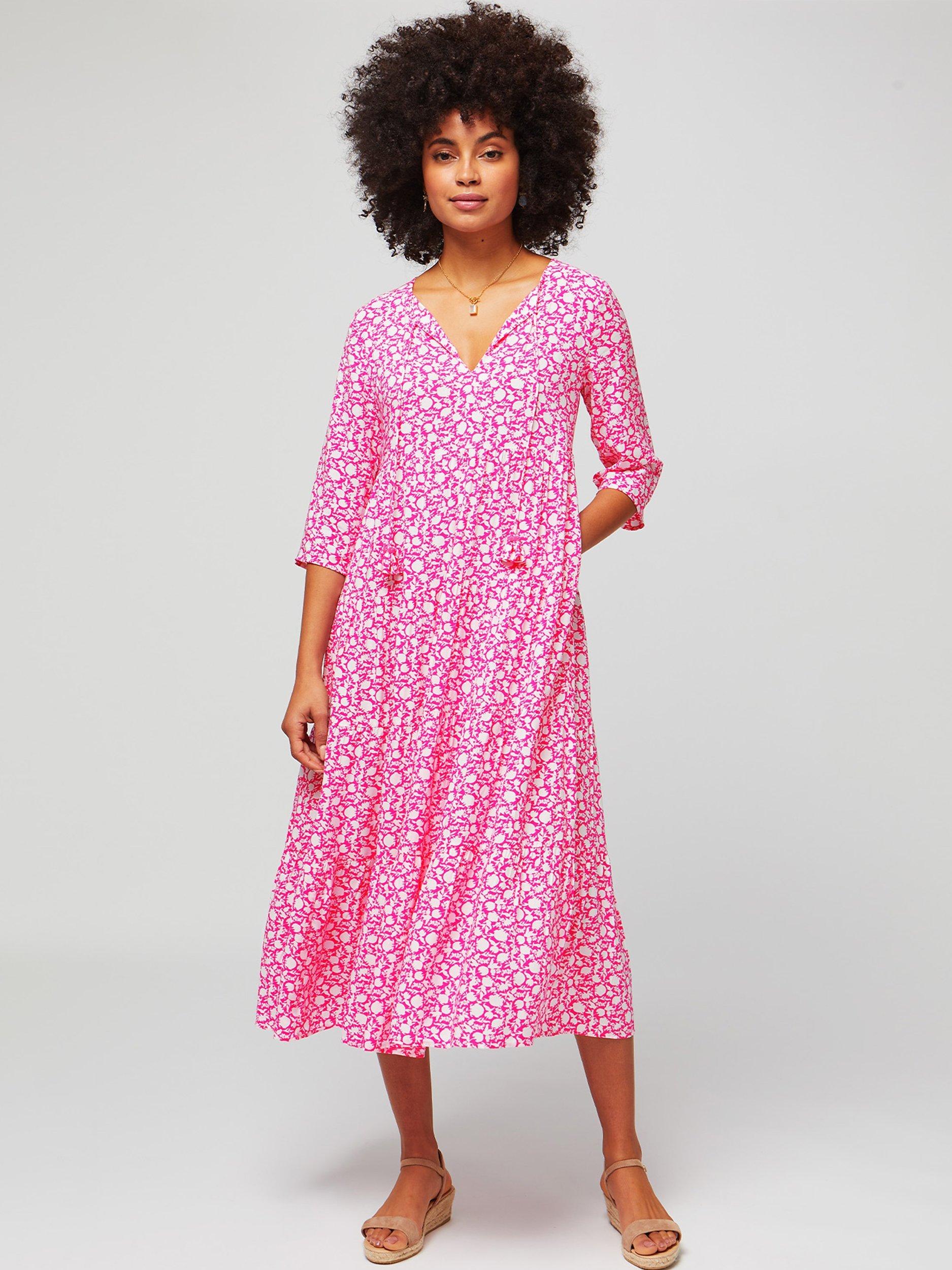 Product image 1 of 6, which shows Aspiga Emma Floral Print Midi Dress, Bright Pink, XS