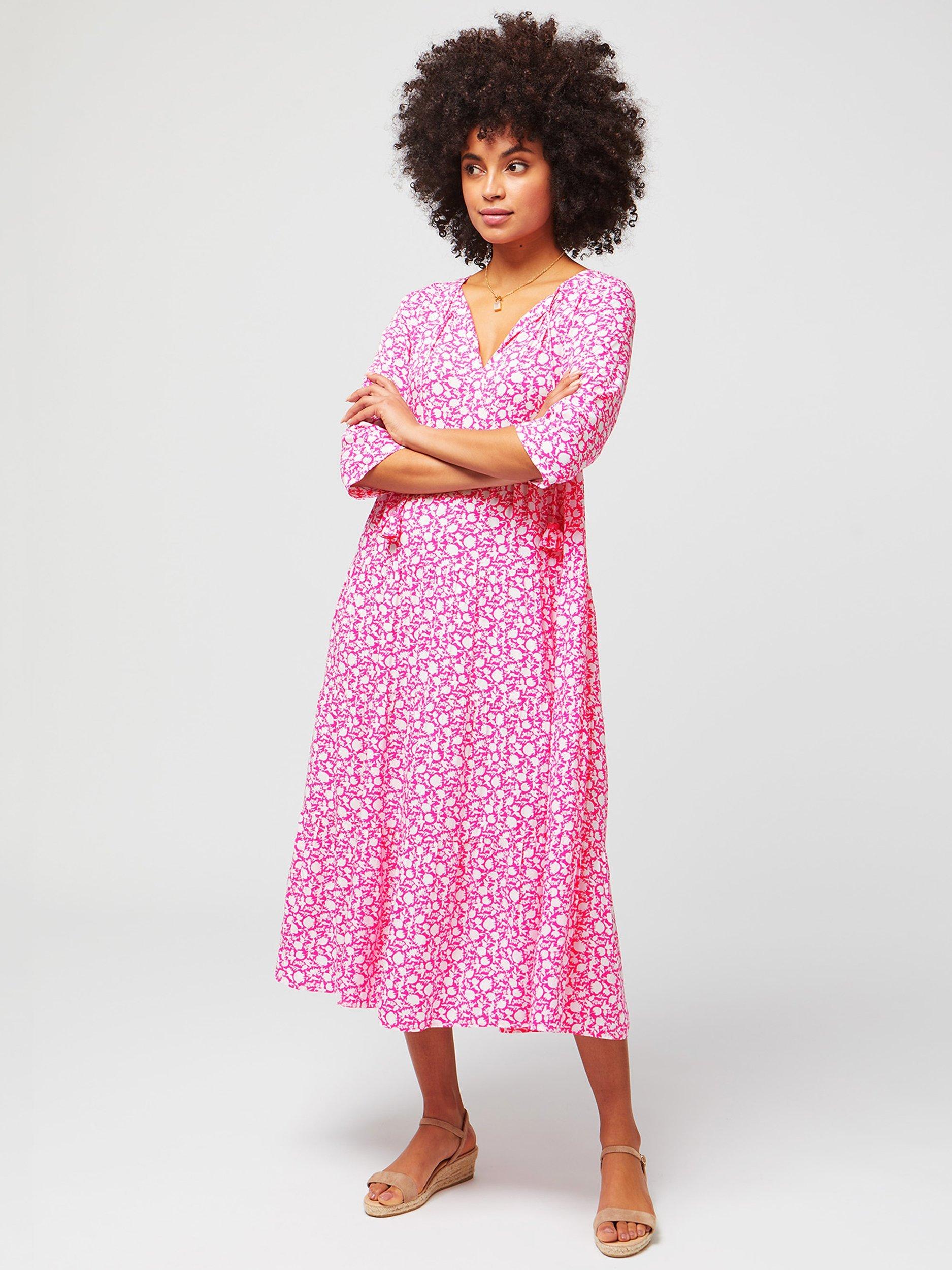 Product image 5 of 6, which shows Aspiga Emma Floral Print Midi Dress, Bright Pink, XS