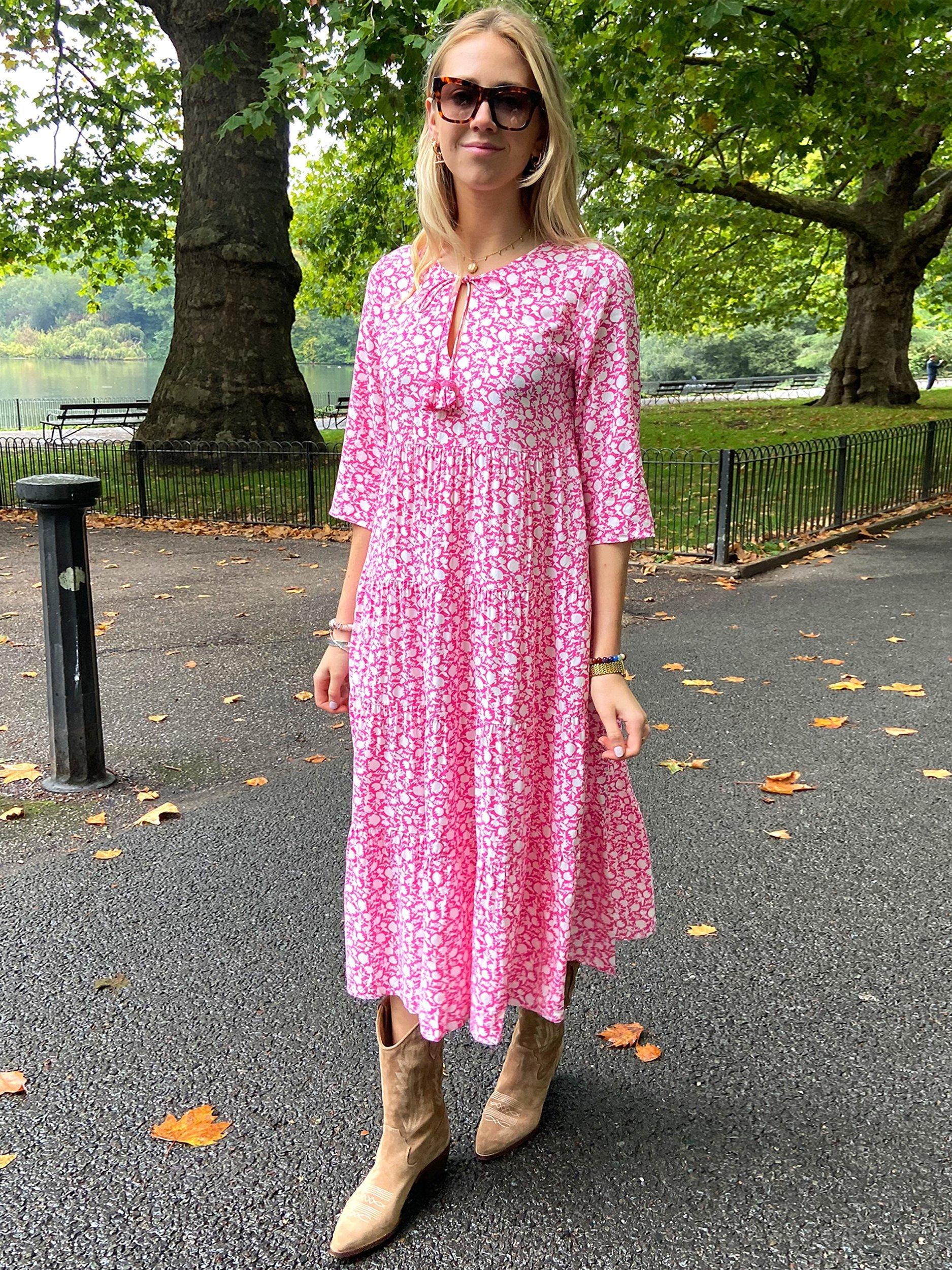 Product image 6 of 6, which shows Aspiga Emma Floral Print Midi Dress, Bright Pink, XS