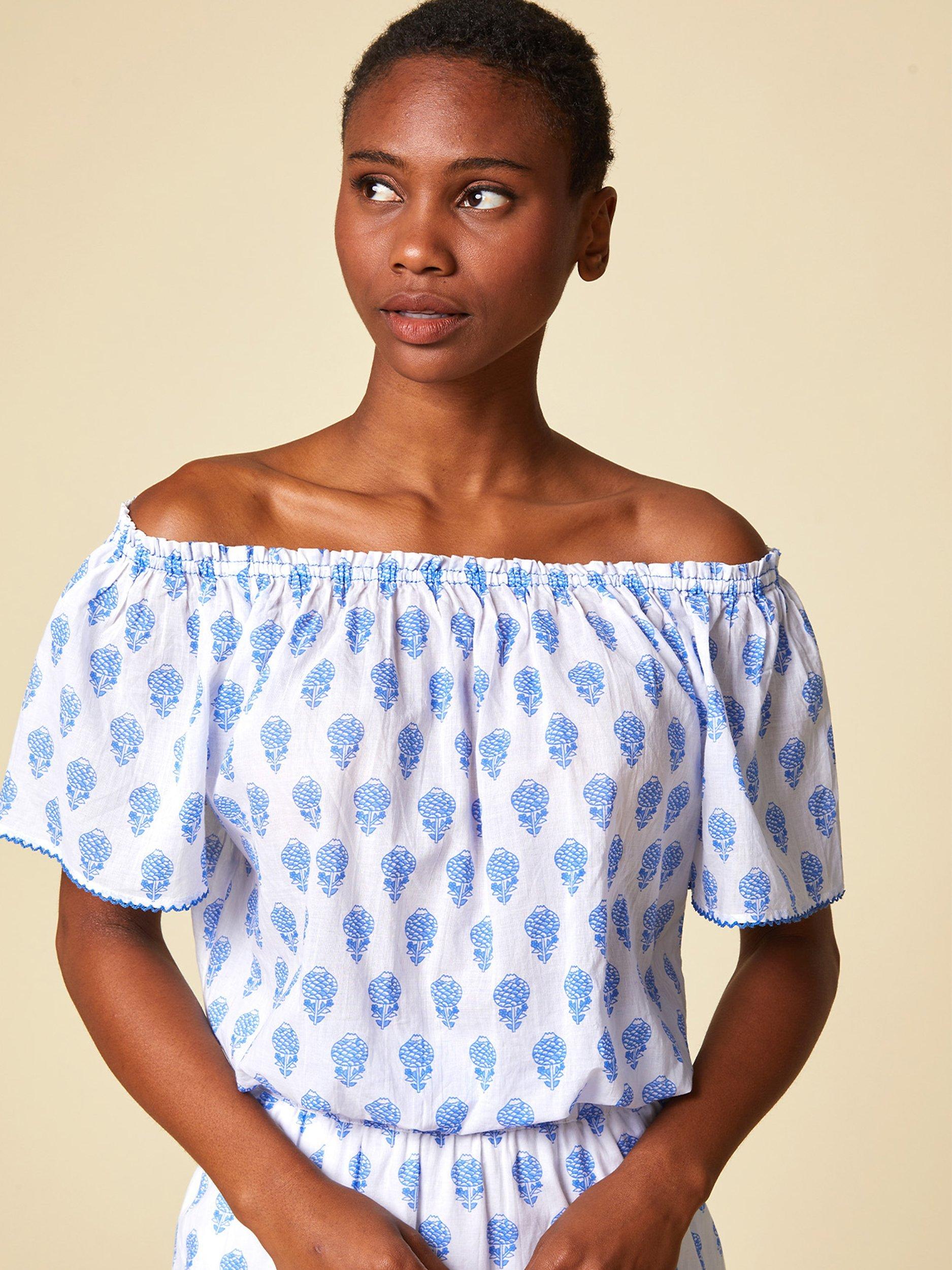Product image 1 of 6, which shows Aspiga Ilana Organic Cotton Top, White/Blue, S