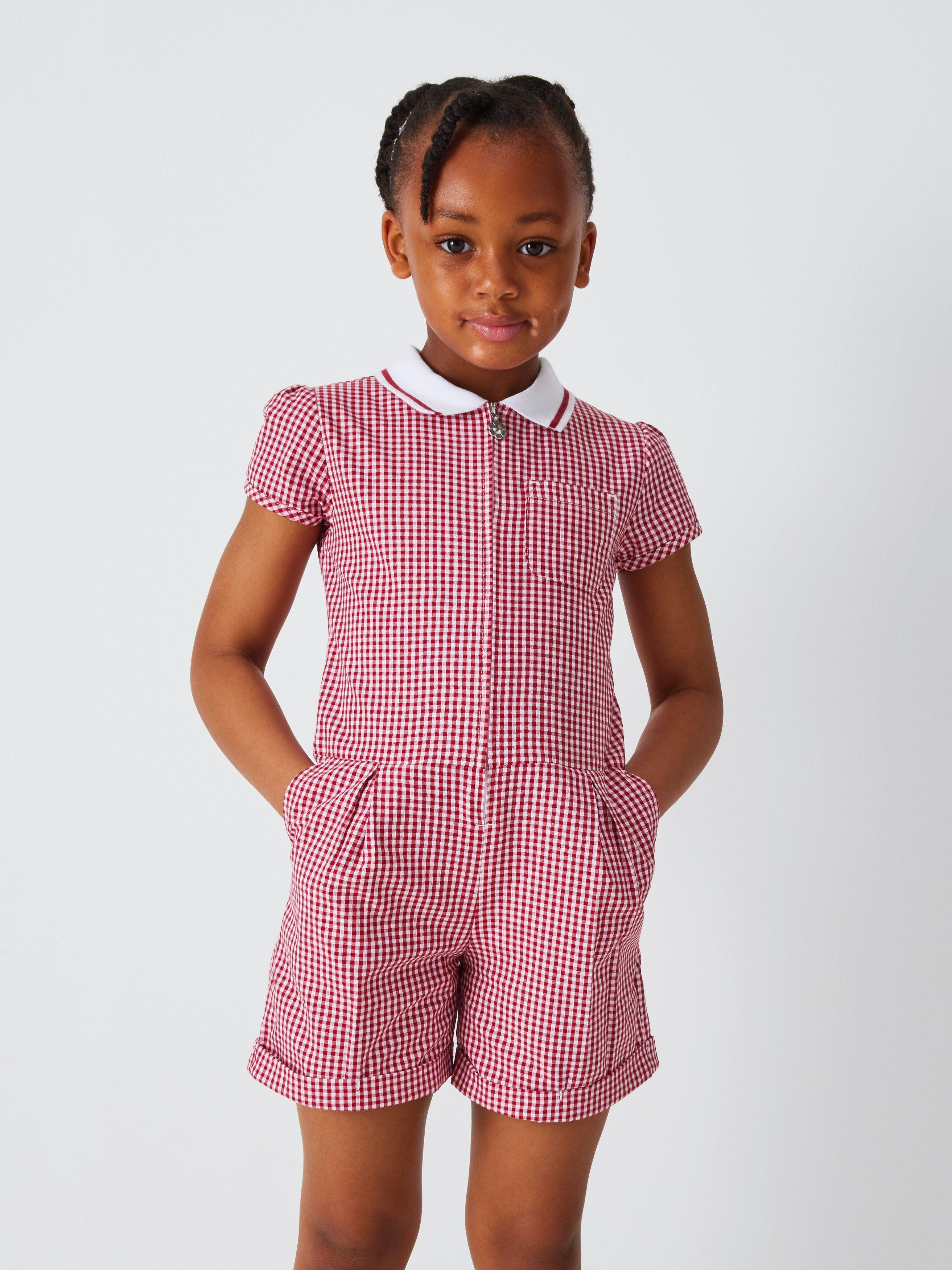 John Lewis Kids' Gingham School Playsuit, Red Mid