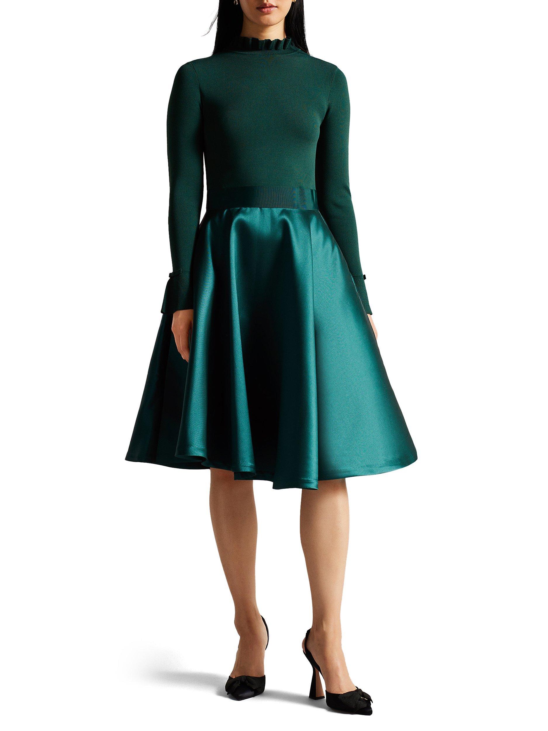 Ted Baker Zadi Knitted Full Flared Dress, Dark Green