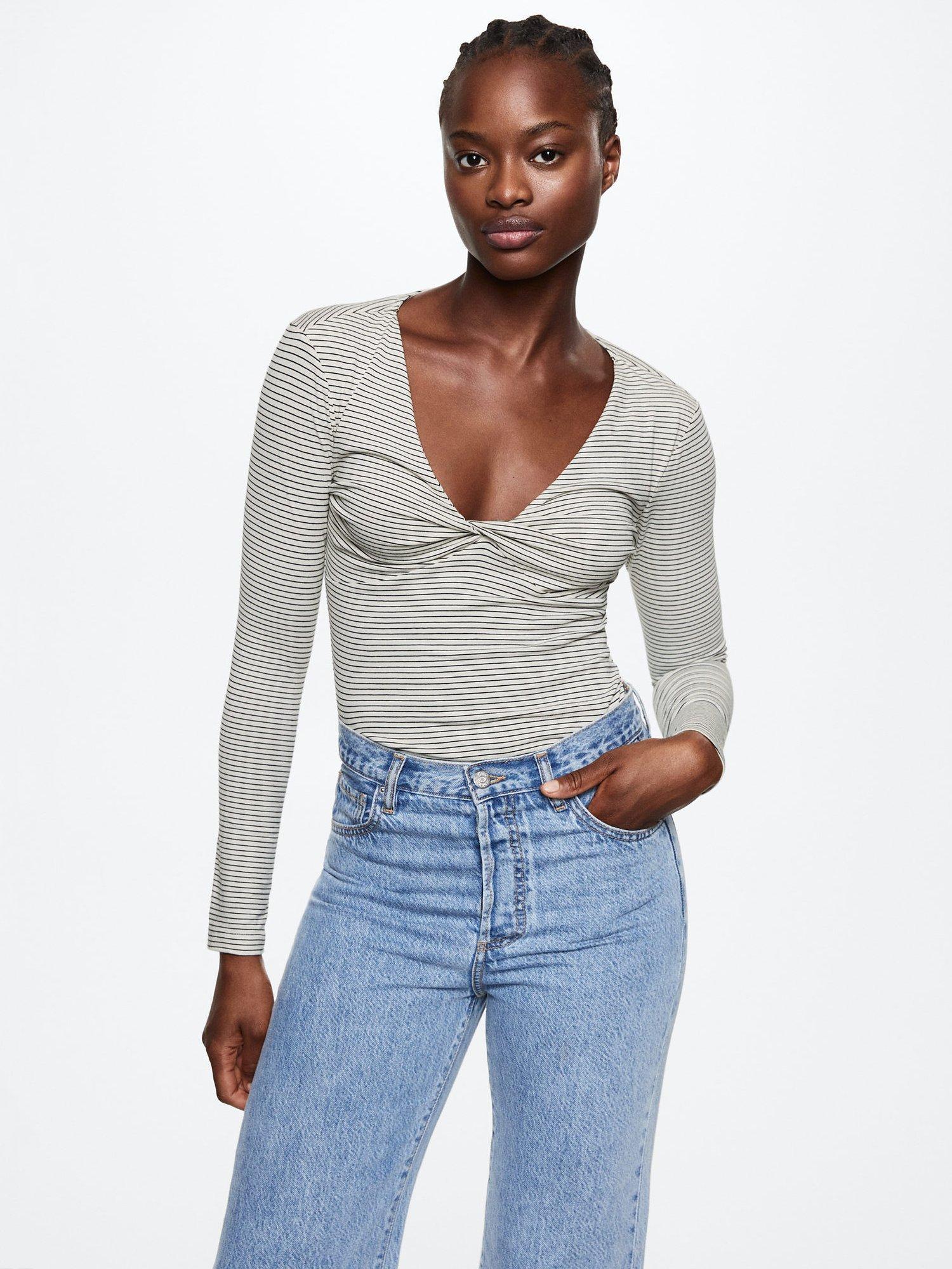 Mango Minerva Cotton Blend Twist Neck Top, White