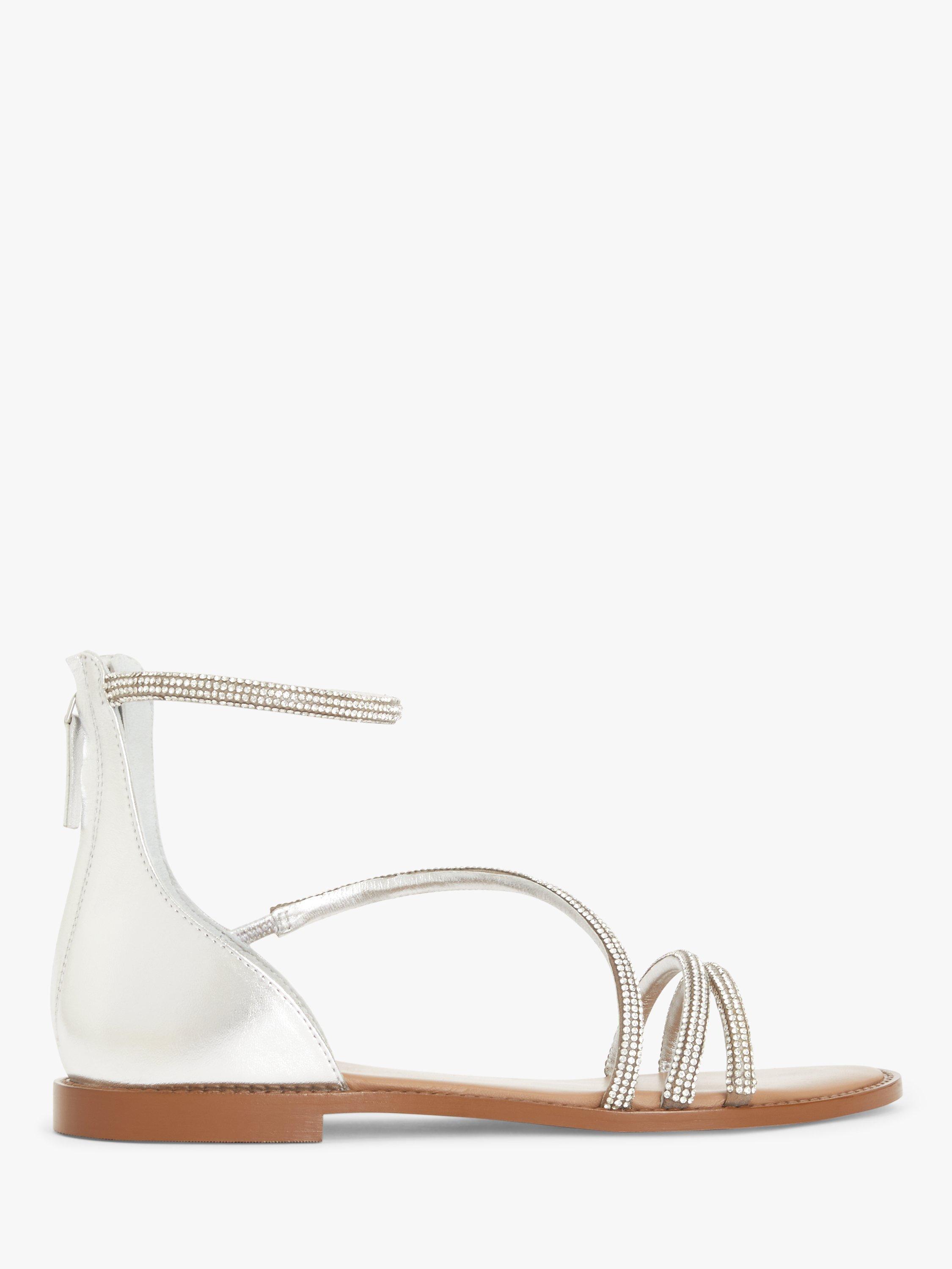 John Lewis Noelle Embellished Flat Sandals, Silver Met Leather