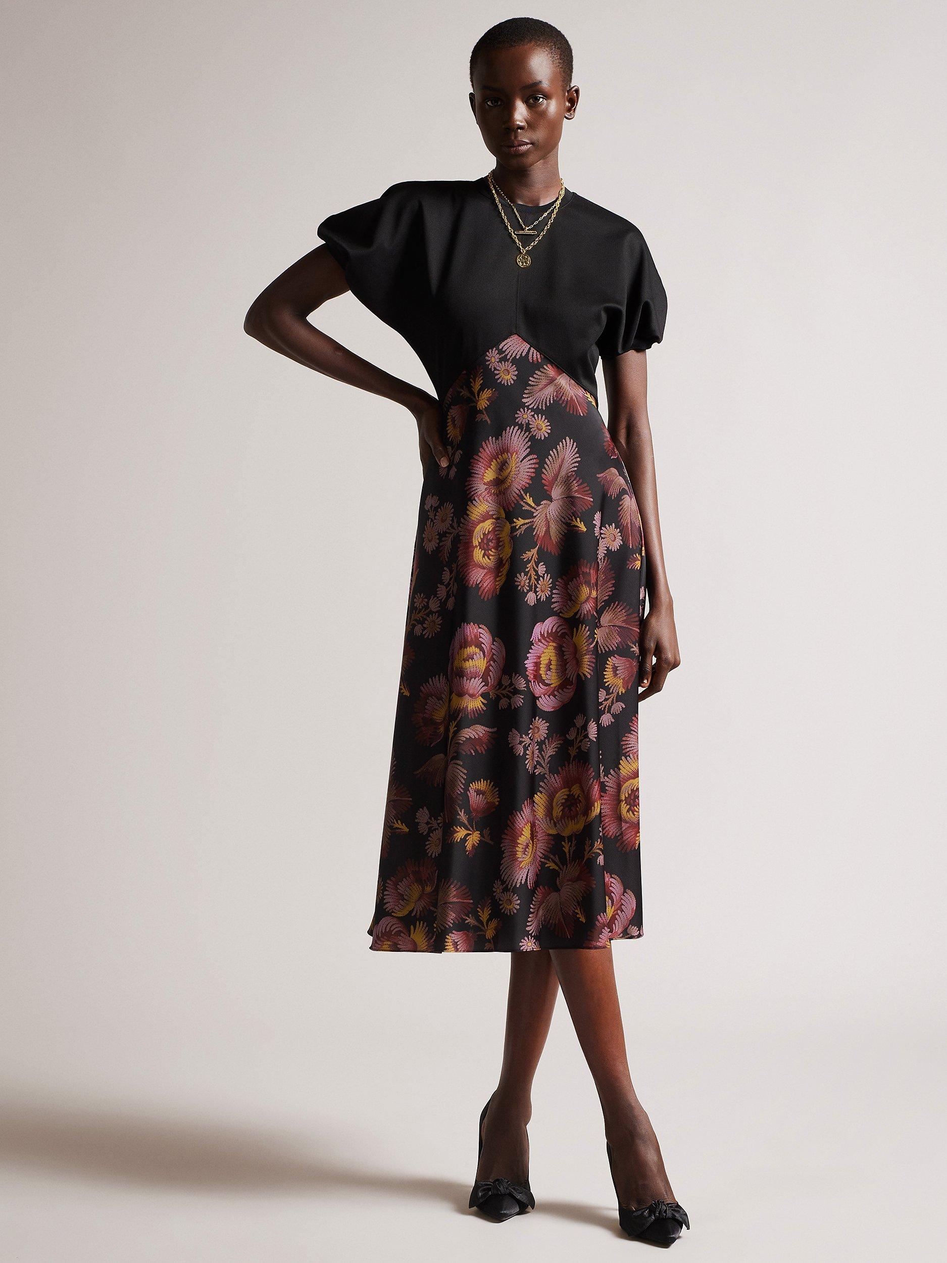 Ted Baker Fridah Ponte Bodice Floral Midi Dress, Black, 14