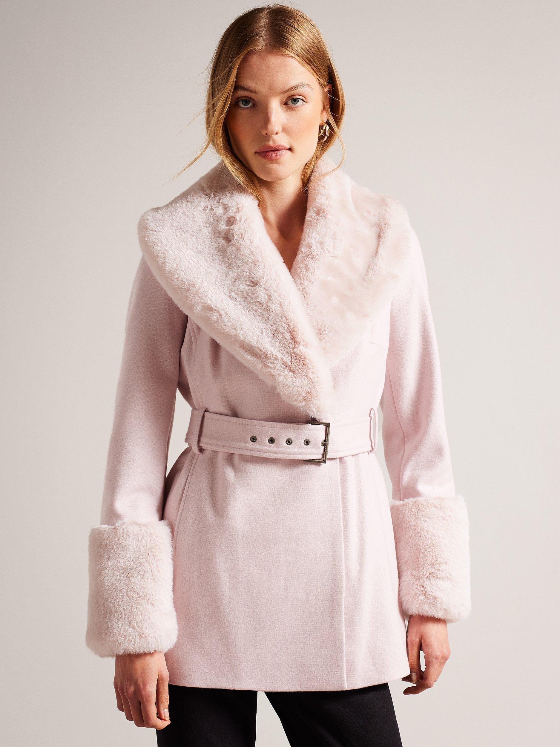 Ted Baker Loleta Faux Fur Collar Belted Coat, Dusky Pink