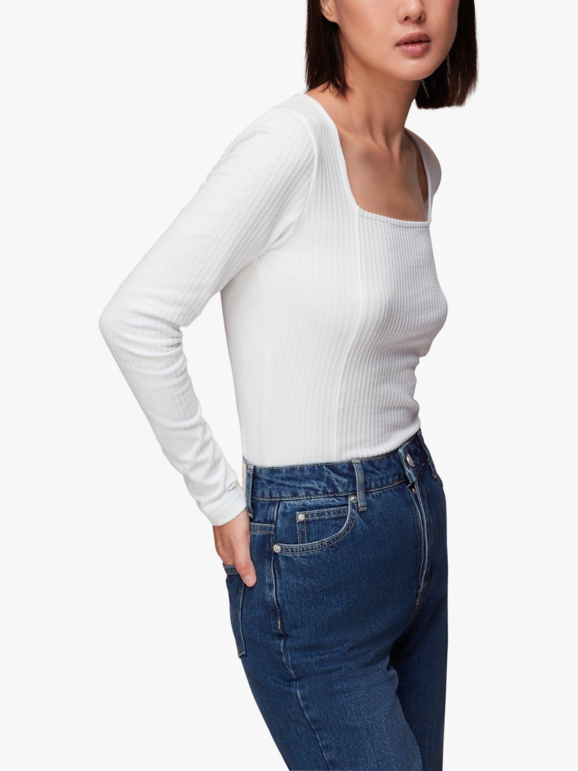 Whistles Square Neck Long Sleeve Ribbed Top, White