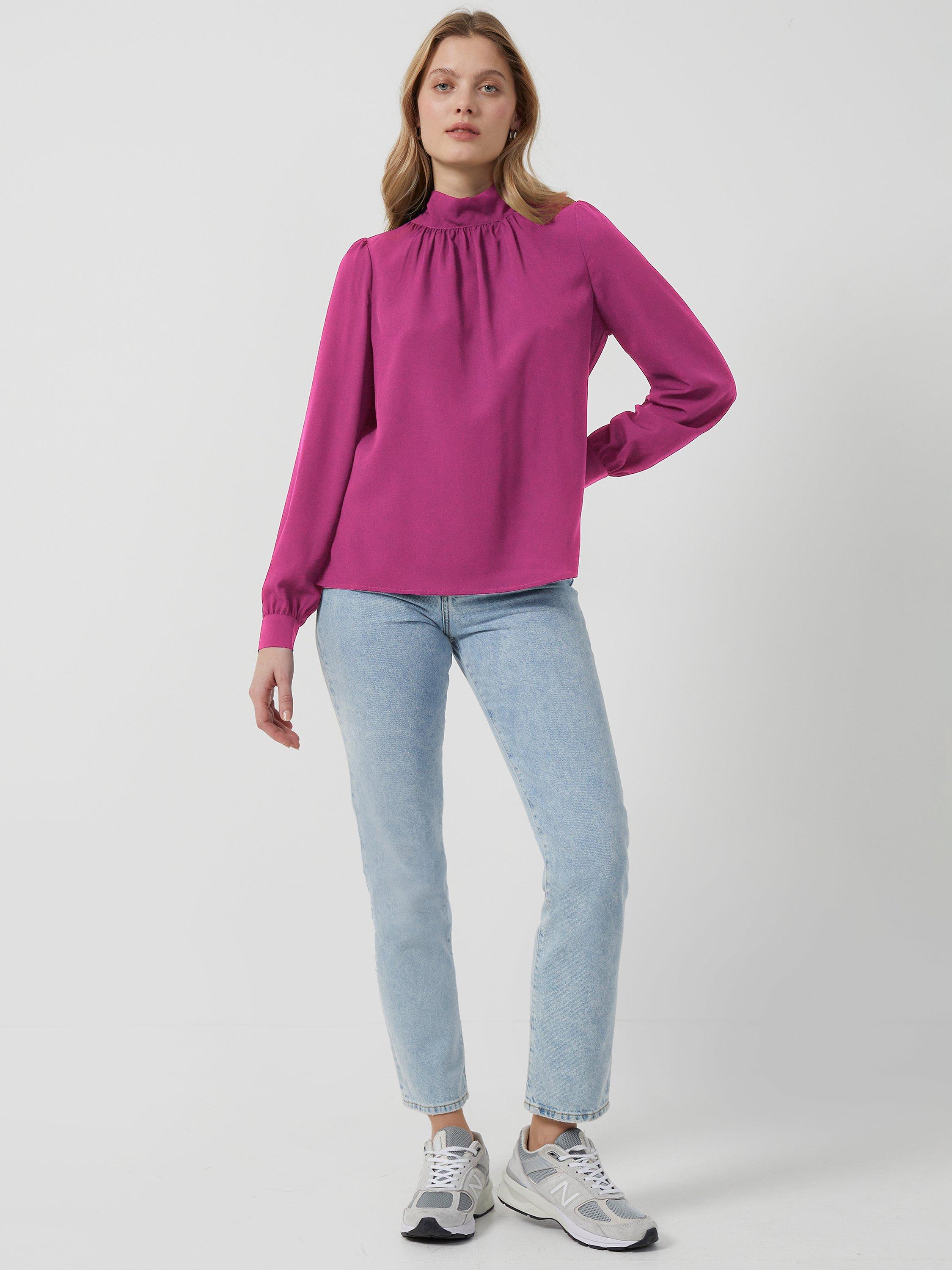 French Connection Arina Solid Button Neck Blouse, Aurora Purple       