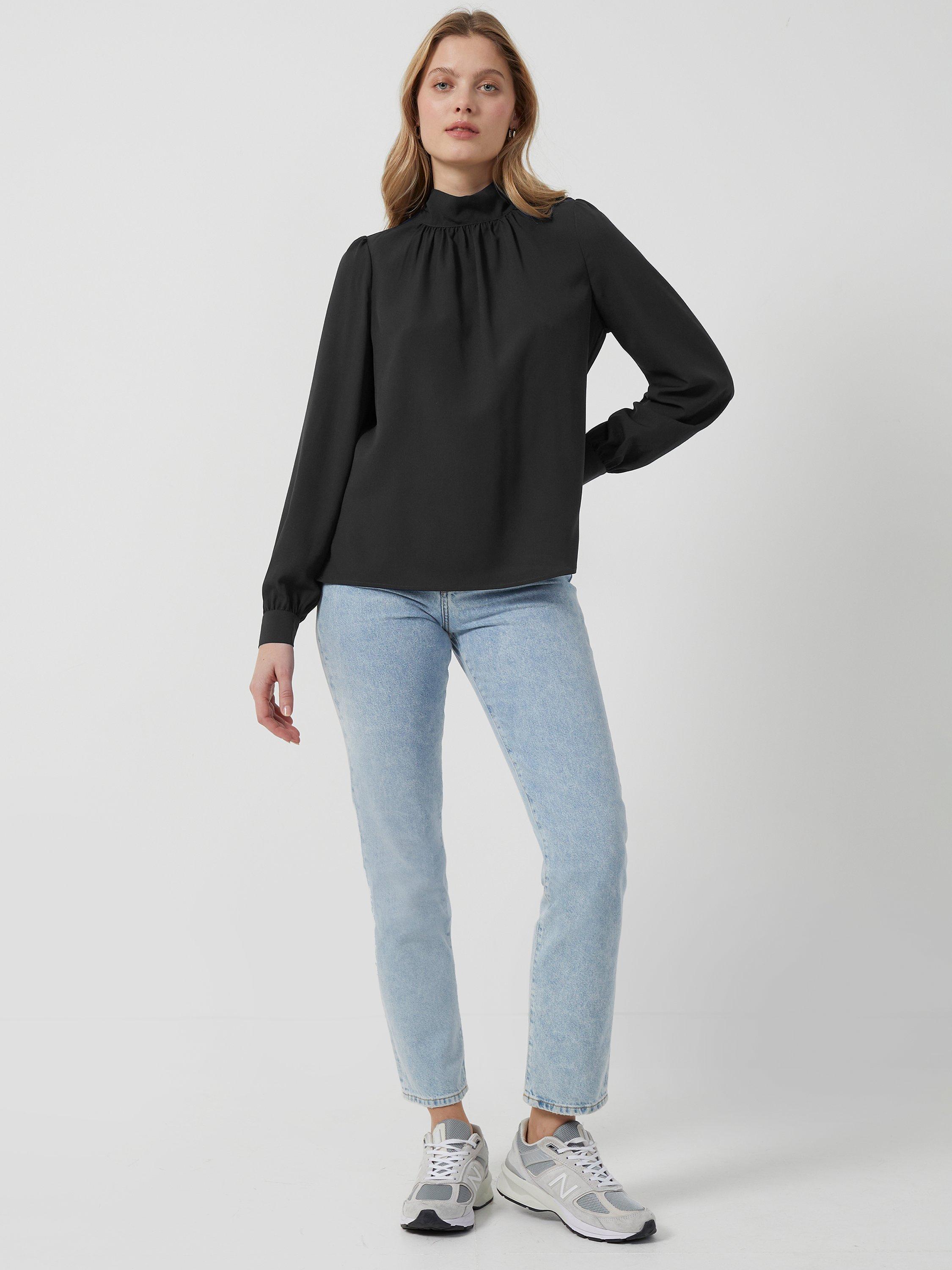 French Connection Arina Solid Button Neck Blouse, Black               