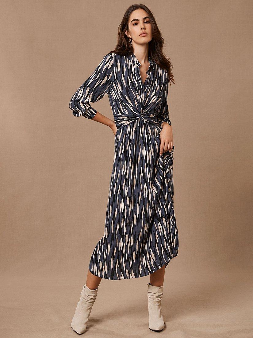 Mint Velvet Abigail Abstract Print Twist Detail Midi Shirt Dress, Dark Grey