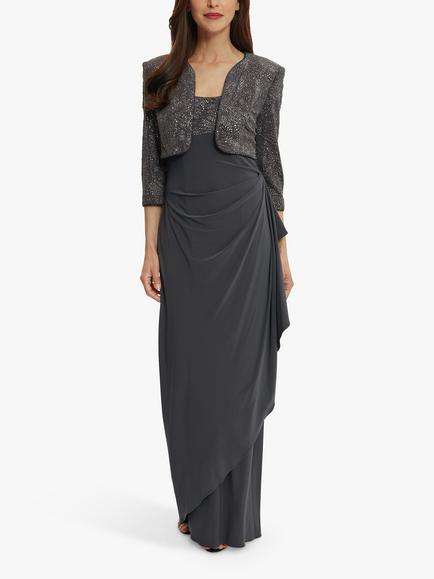 Gina Bacconi Isy Long Side Ruched Gown, Charcoal, Charcoal