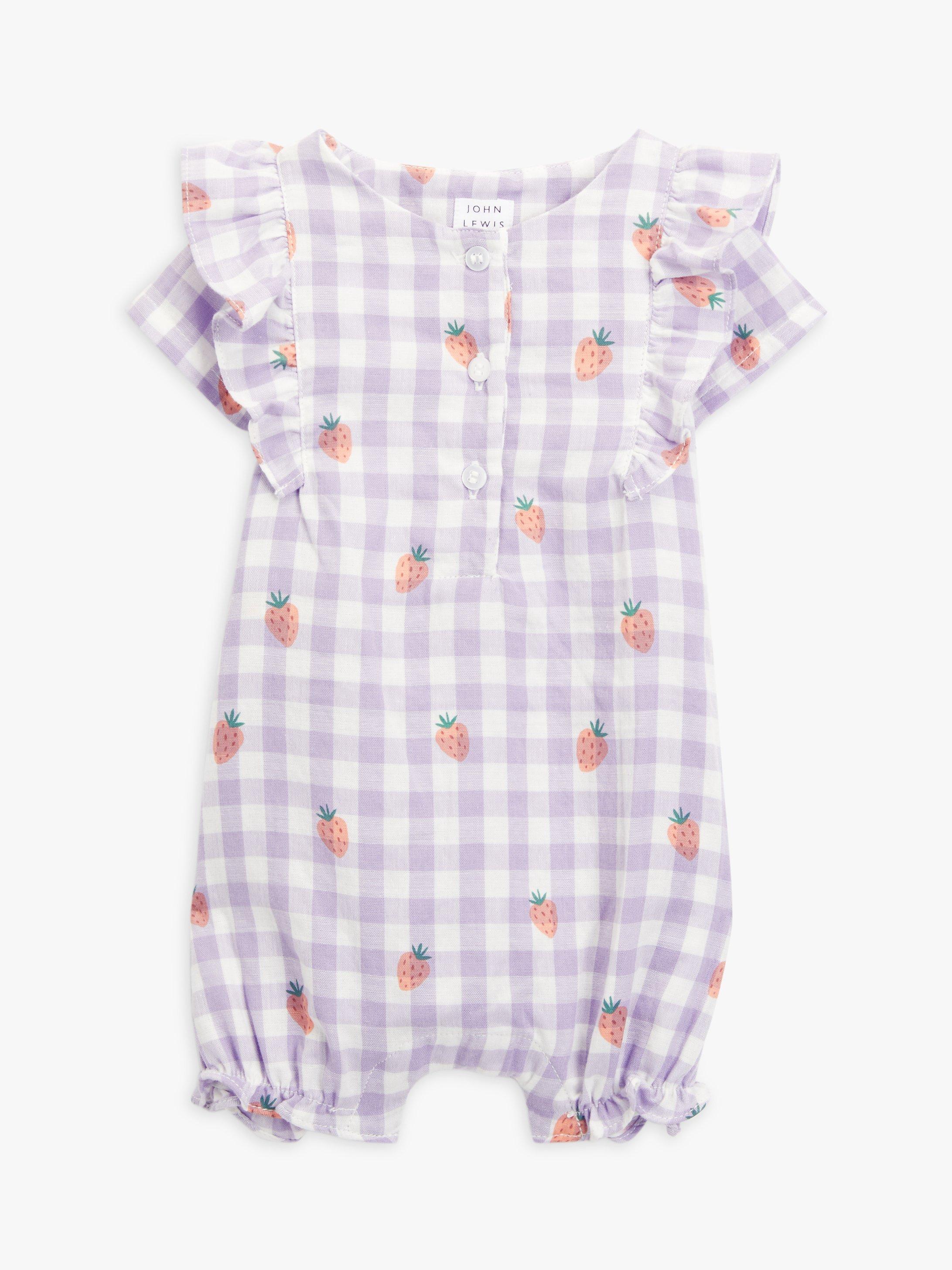 John Lewis Baby Strawberry Gingham Muslin Short Romper, Purple/Multi