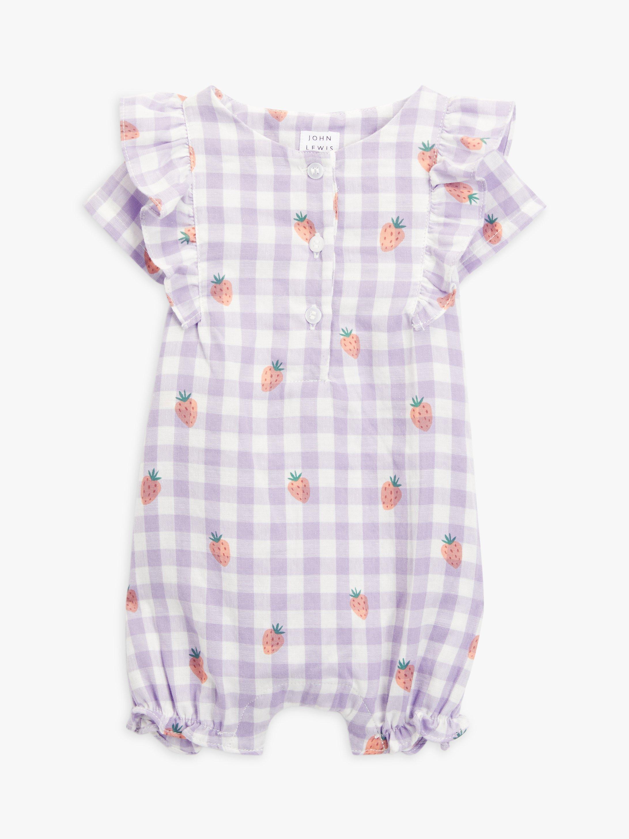 John Lewis Baby Strawberry Gingham Muslin Short Romper, Purple/Multi £18.00