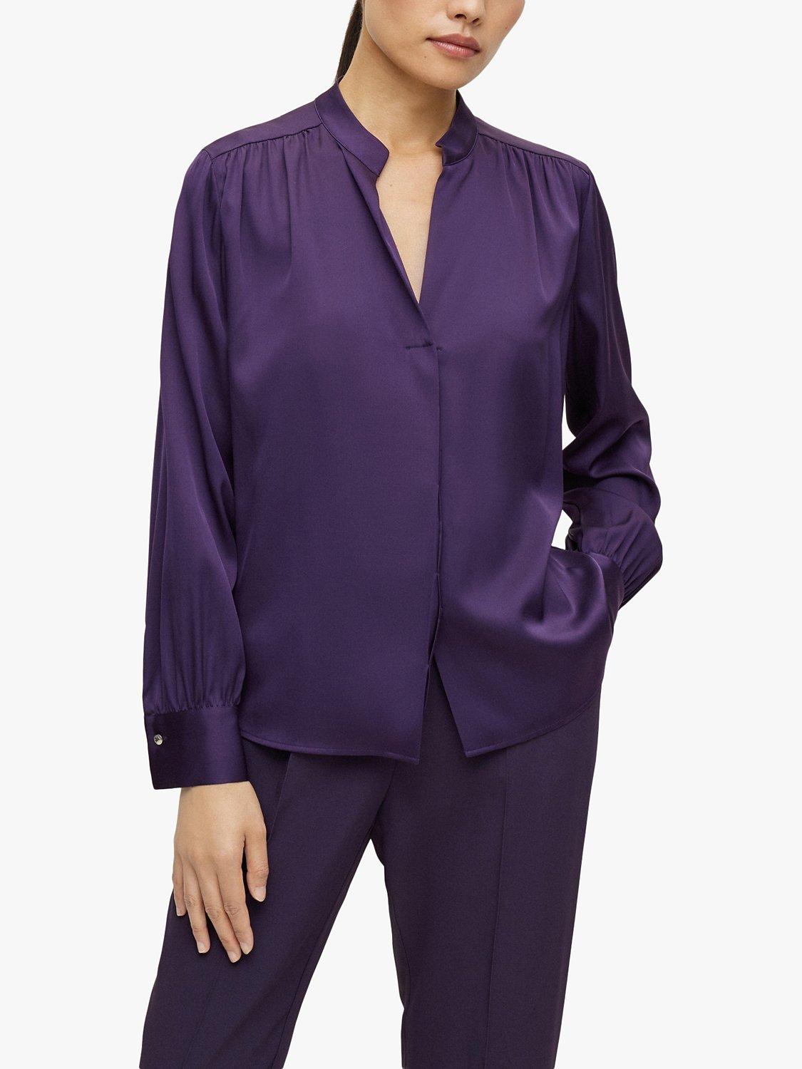 Product image 1 of 5, which shows HUGO BOSS Banora18 Silk Blouse, Dark Purple, 14