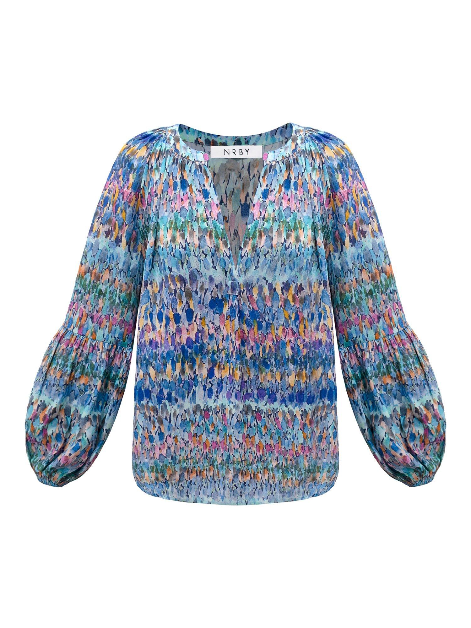 NRBY Ophelia Abstract Print Silk Shirt, Blue, XS