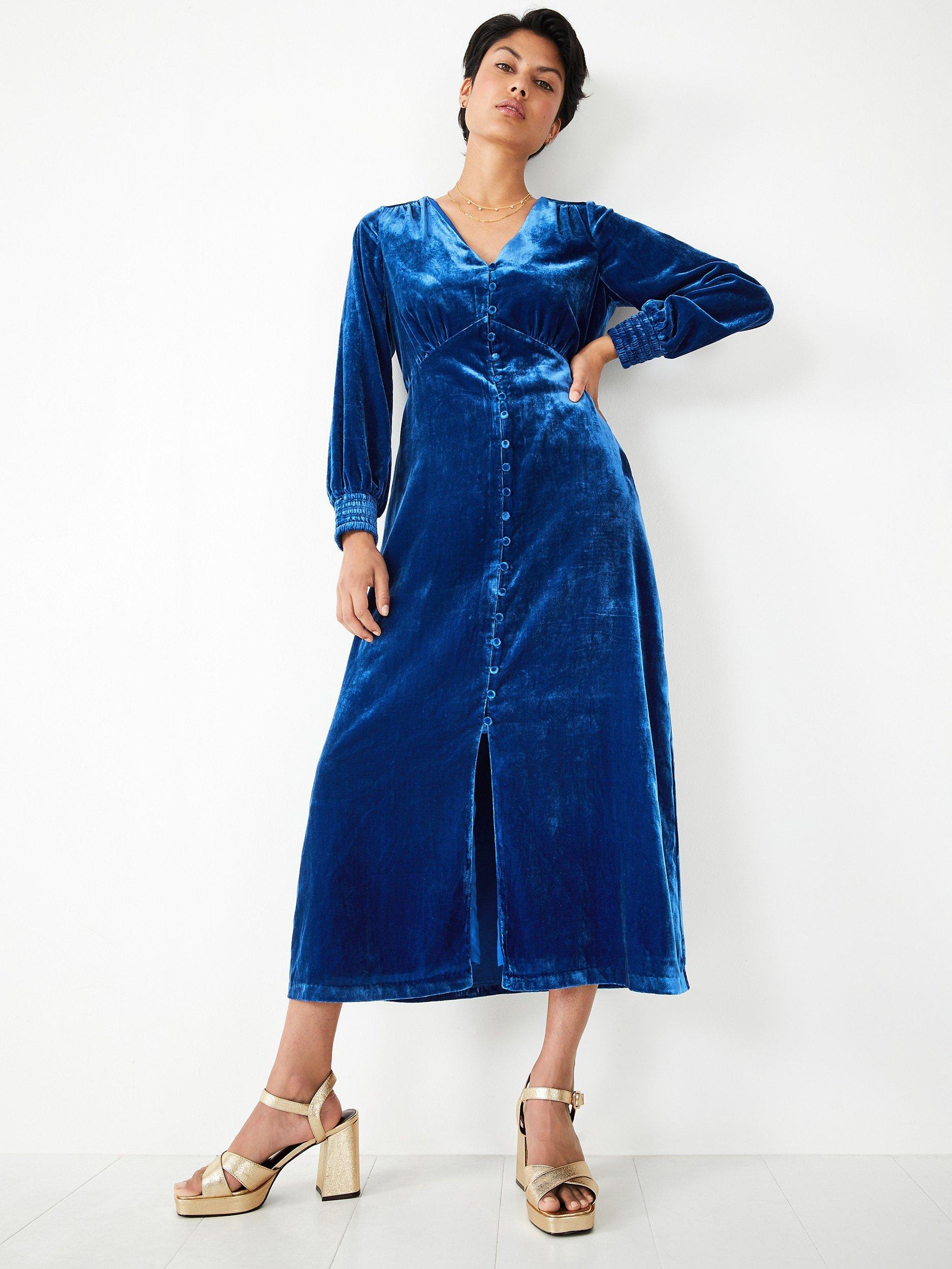 HUSH Velvet Valeria Midi Dress, Blue, 6