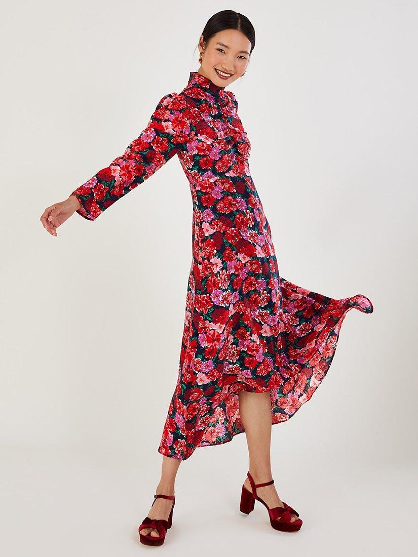 Monsoon Regina Ruched Linen Blend High-Low Tea Dress, Multi