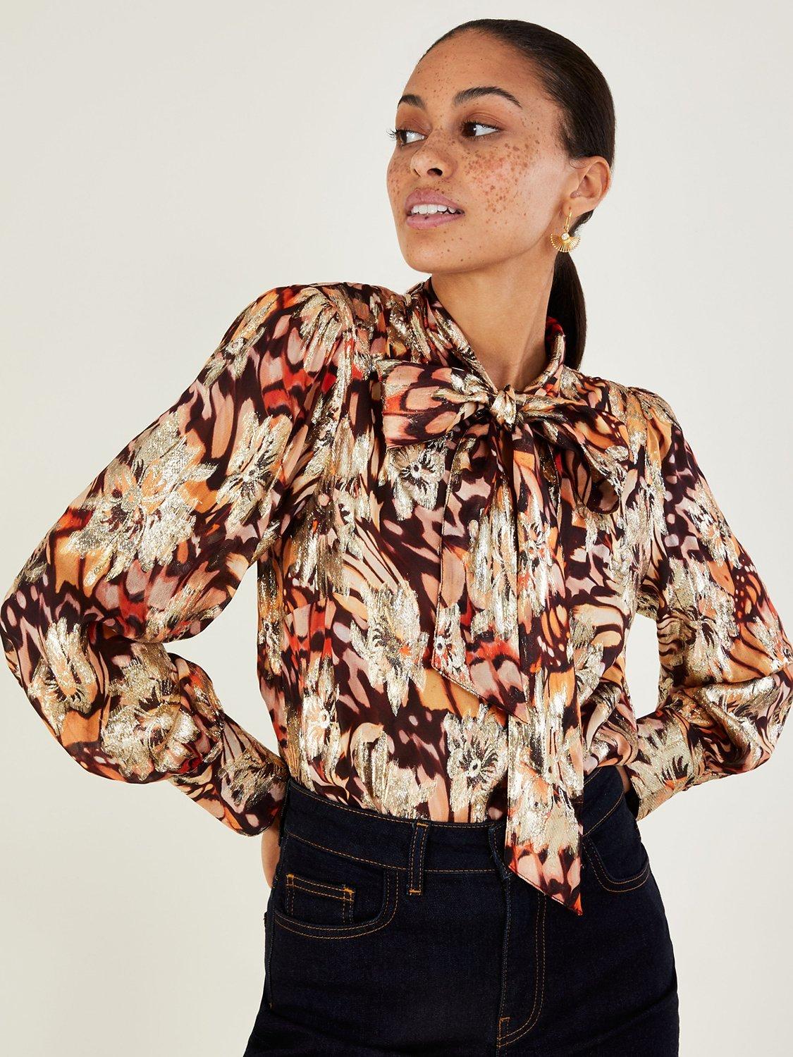 Monsoon Leona Metallic Print Blouse, Burgundy/Multi