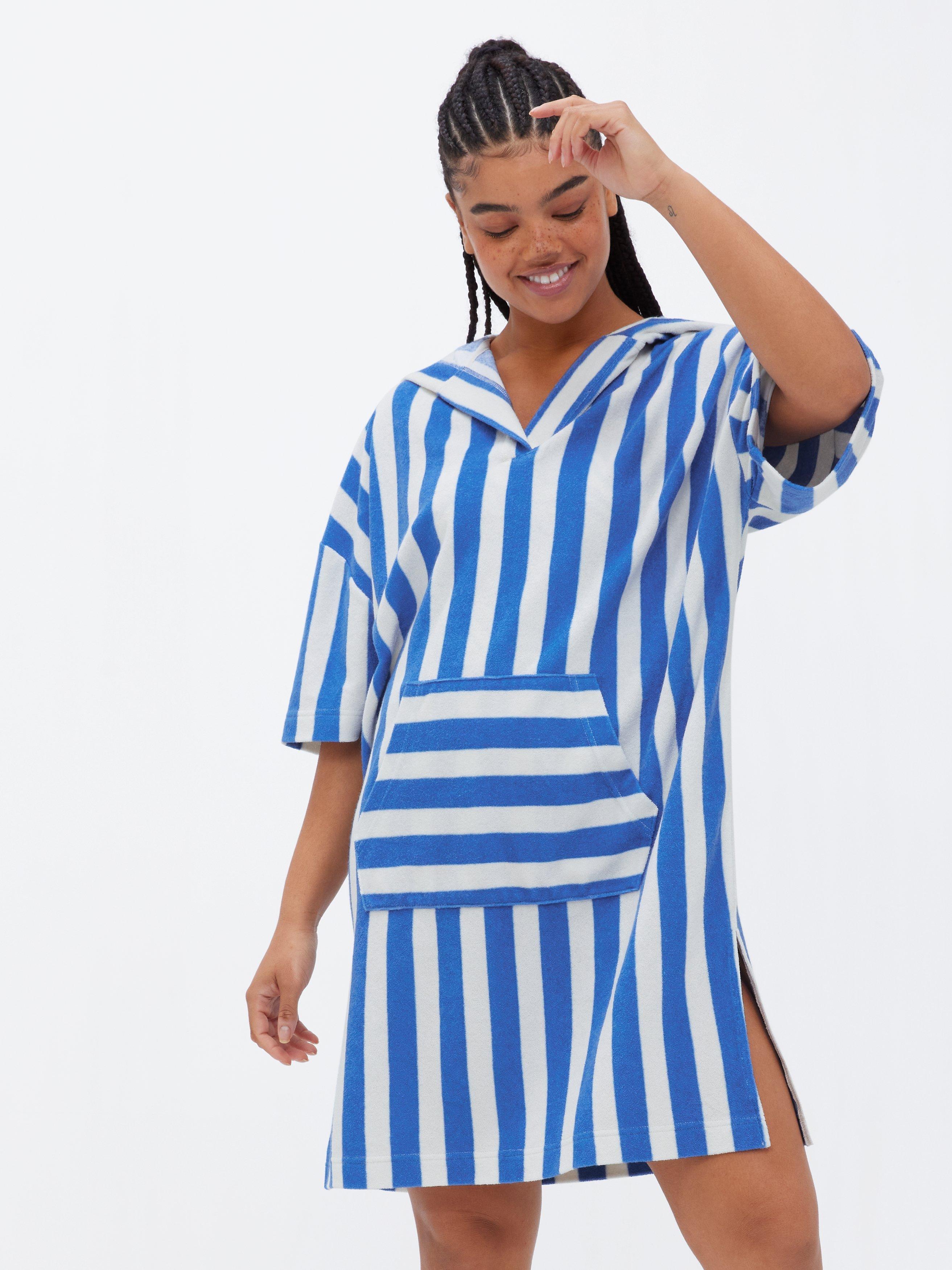 John Lewis ANYDAY Hooded Beach Towelling Robe, Sonic Blue/White, L