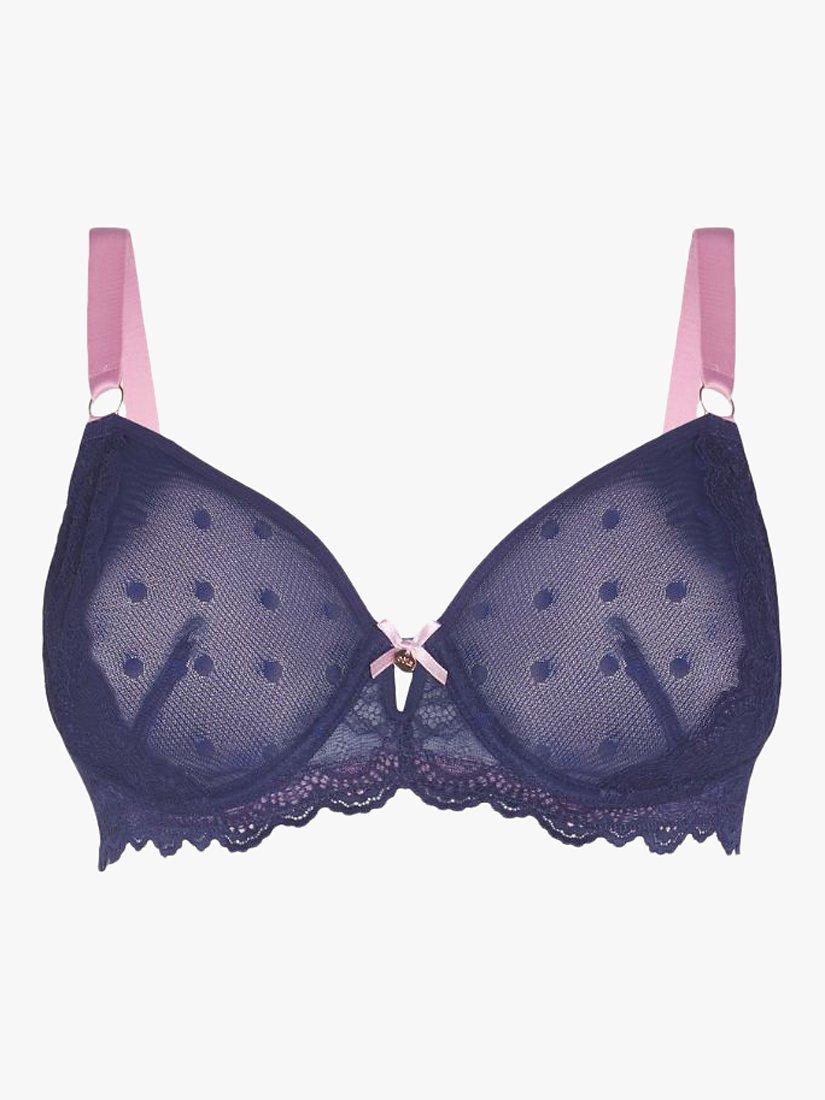 Product image 5 of 5, which shows Oola Lingerie Spot Mesh and Lace Non Padded Full Cup Bra, Navy/Pink, 38DD