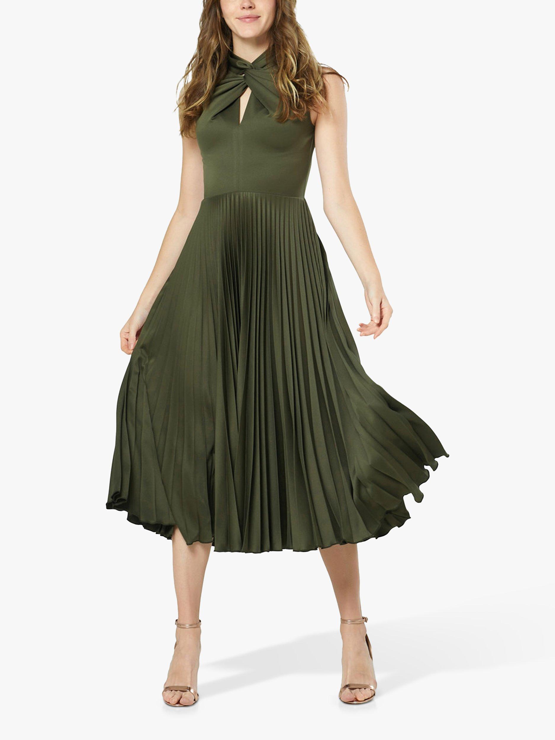 Product image 1 of 4, which shows Closet London Twist Neck Pleated Midi Dress, Green, 14