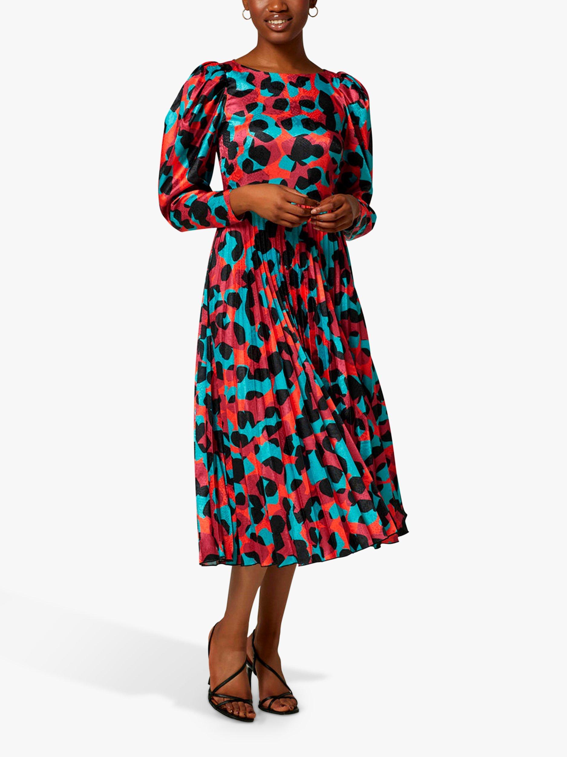 Closet London Abstract Print Pleated Puff Sleeve Midi Dress, Red