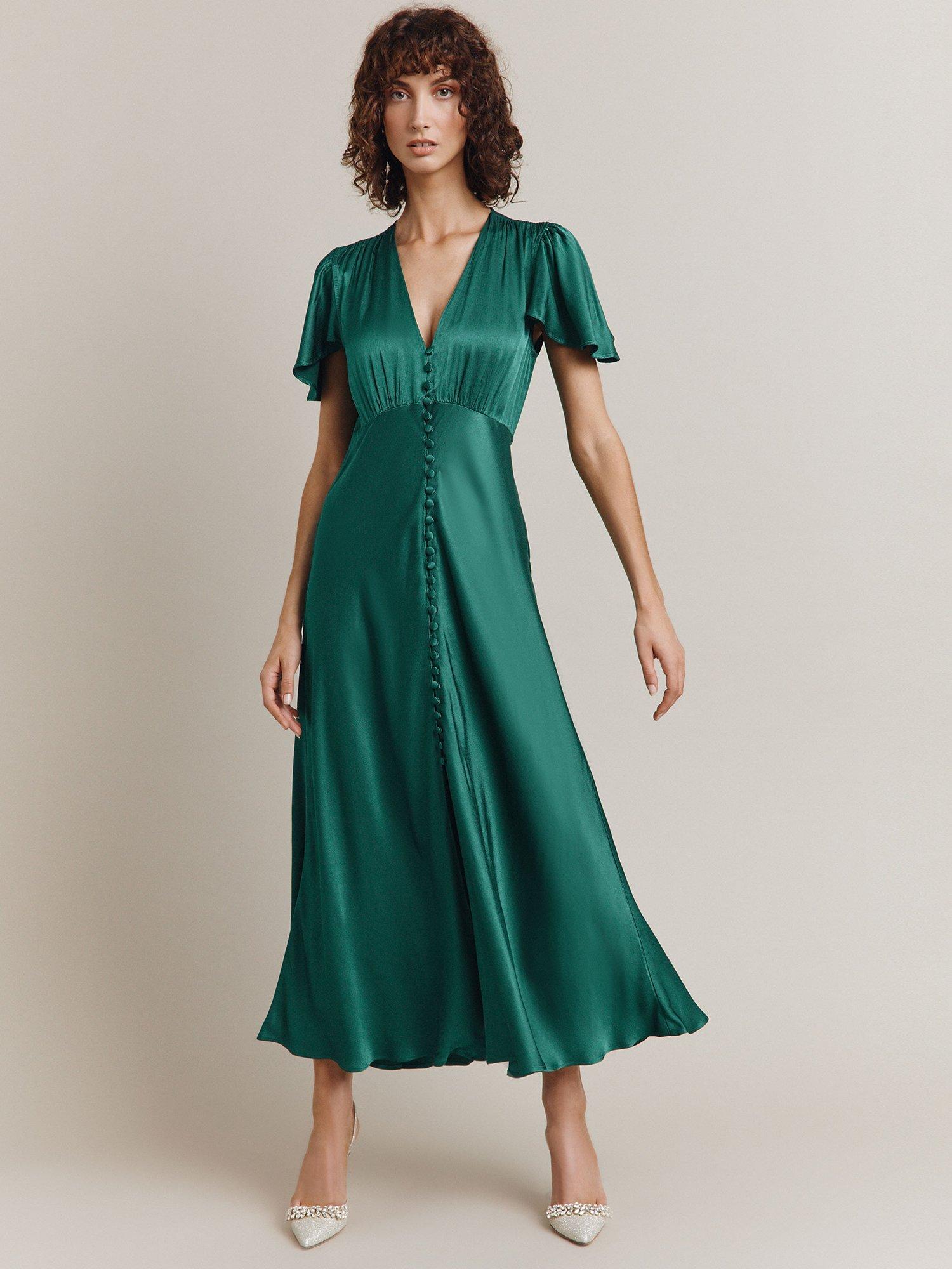 Ghost Grace Bias Cut Satin Midi Dress, Dark Green, XS